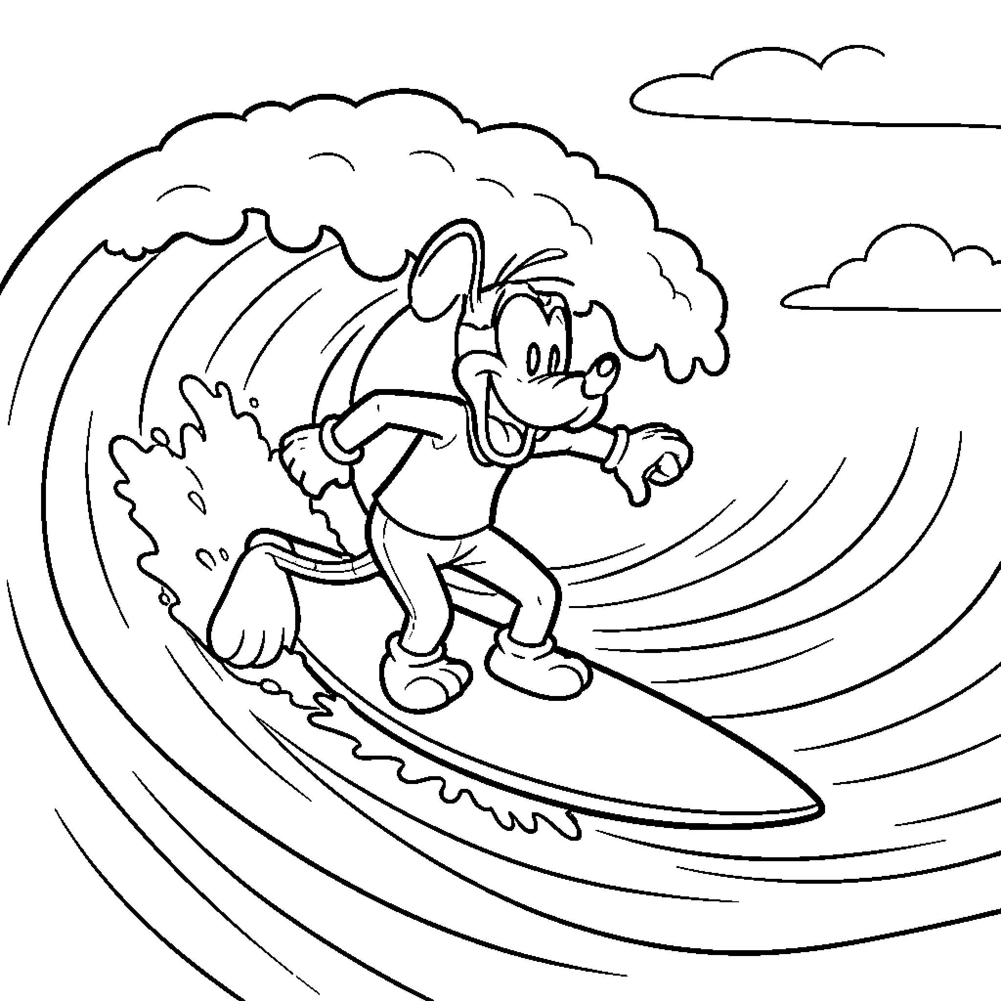 Goofy surfer riding a wacky wave Coloring Page (free black-and-white line drawing printable PDF for all, from beginners to advanced learners, including children, teens, adults, and seniors)