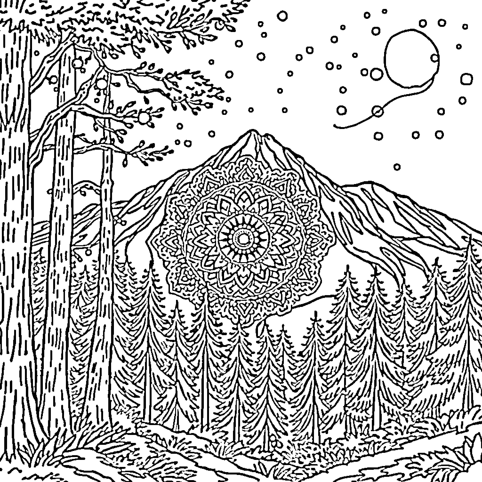 Forest Landscape with Intricate Mandala Design Coloring Page (free black-and-white line drawing printable PDF for all, from beginners to advanced learners, including children, teens, adults, and seniors)