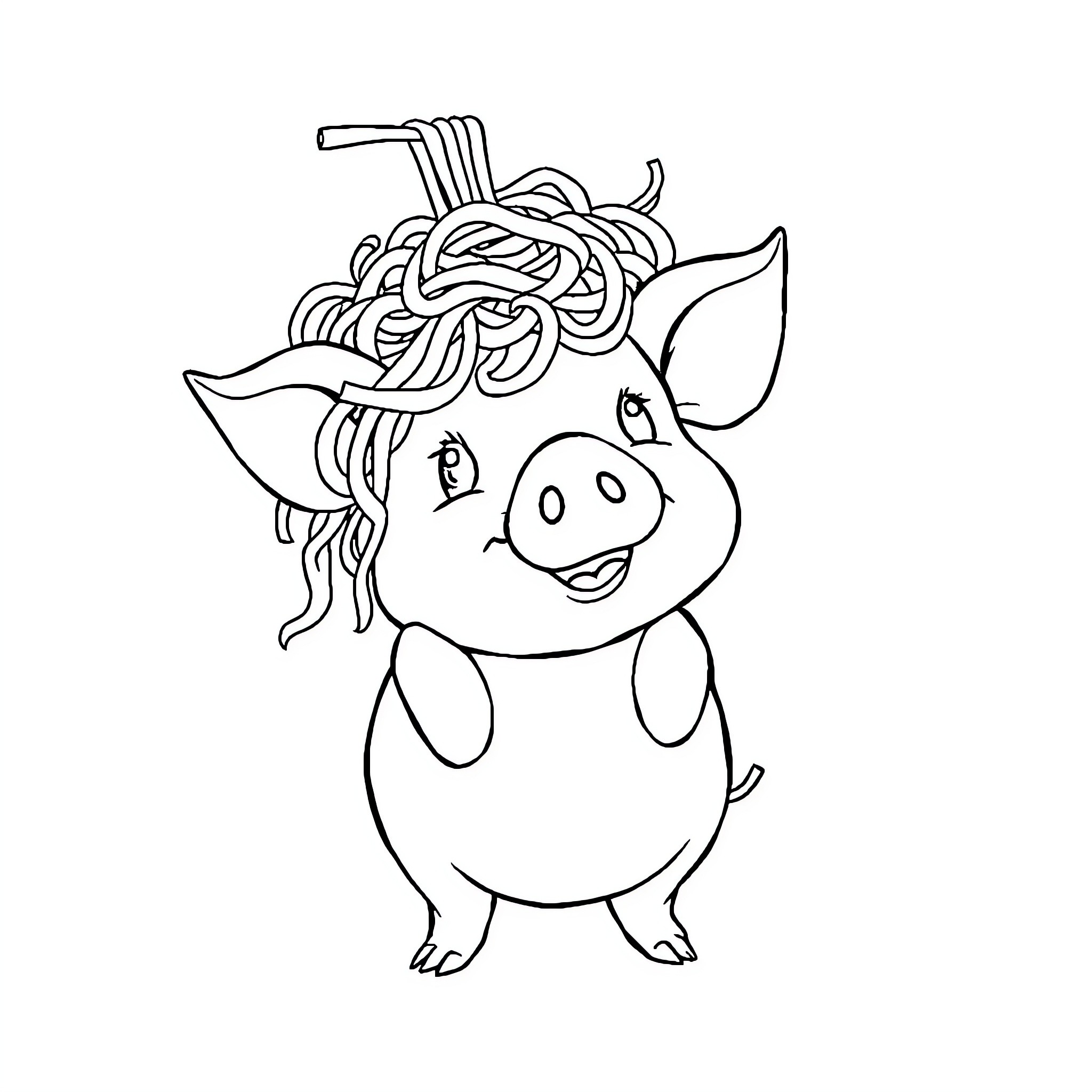 Pig with spaghetti hair having fun Coloring Page (free black-and-white line drawing printable PDF for all, from beginners to advanced learners, including children, teens, adults, and seniors)