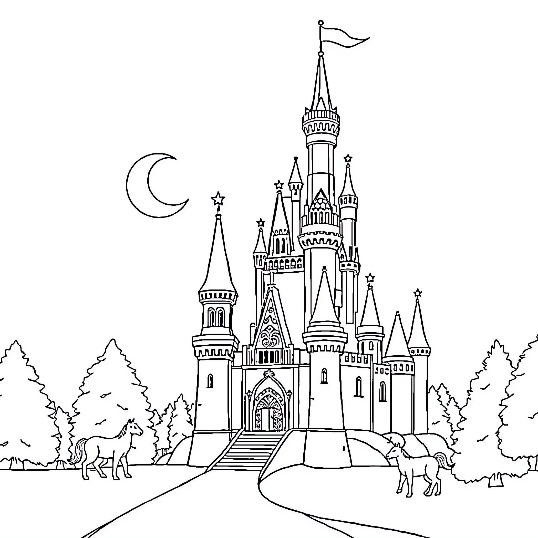 Castle with Magical Towers under Starry Night Coloring Page (free black-and-white line drawing printable PDF for all, from beginners to advanced learners, including children, teens, adults, and seniors)