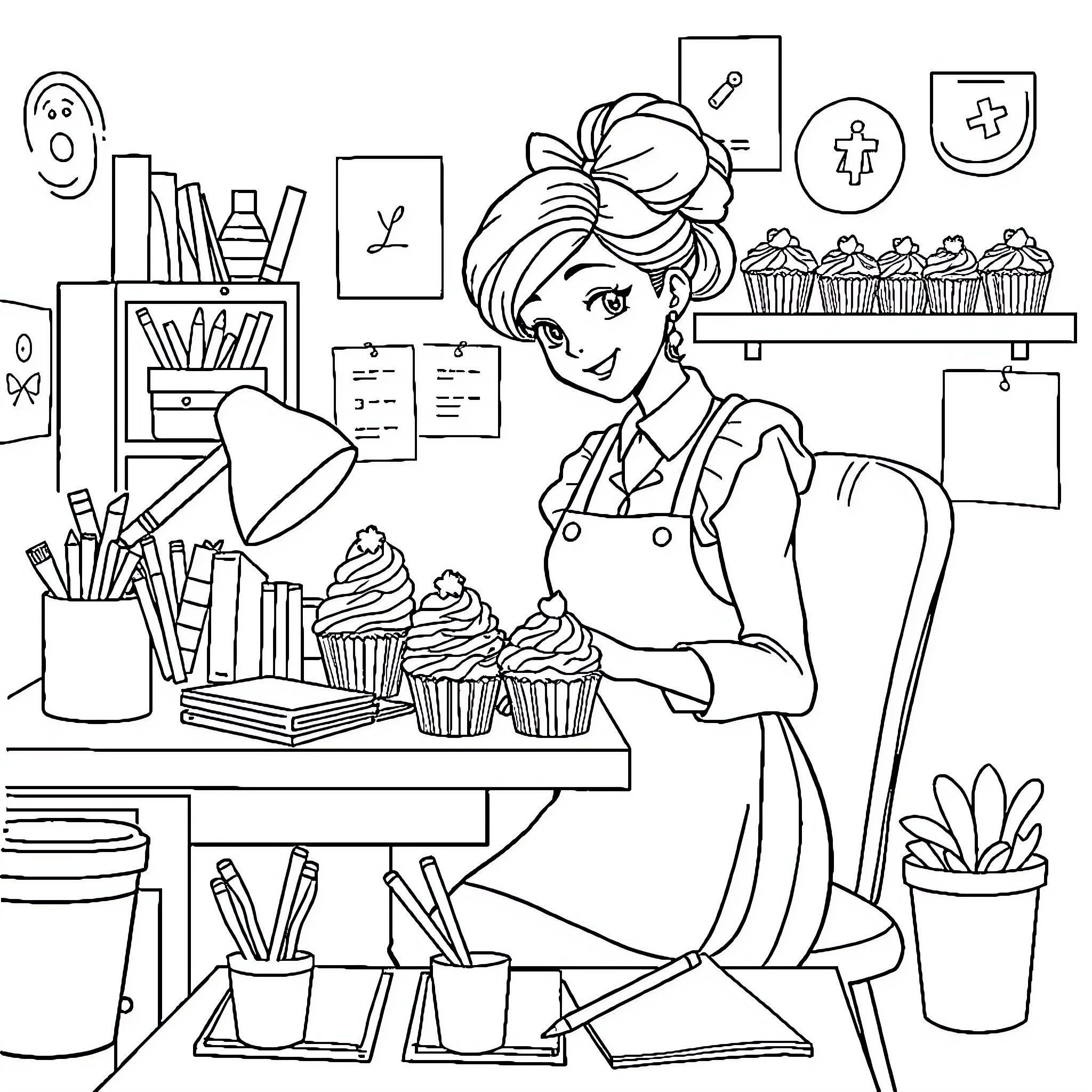 Cupcake-making in a cheerful bakery setting Coloring Page (free black-and-white line drawing printable PDF for all, from beginners to advanced learners, including children, teens, adults, and seniors)