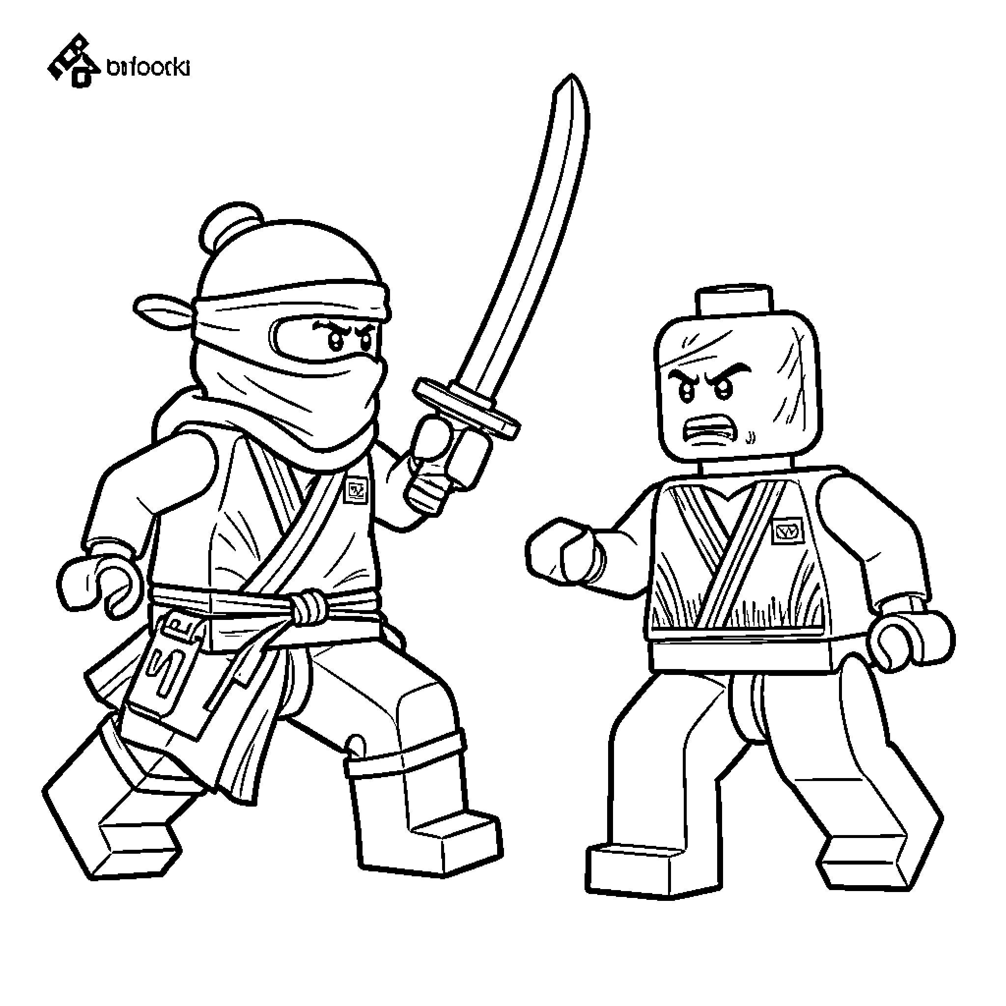 Ninja figures in fighting poses Coloring Page (free black-and-white line drawing printable PDF for all, from beginners to advanced learners, including children, teens, adults, and seniors)