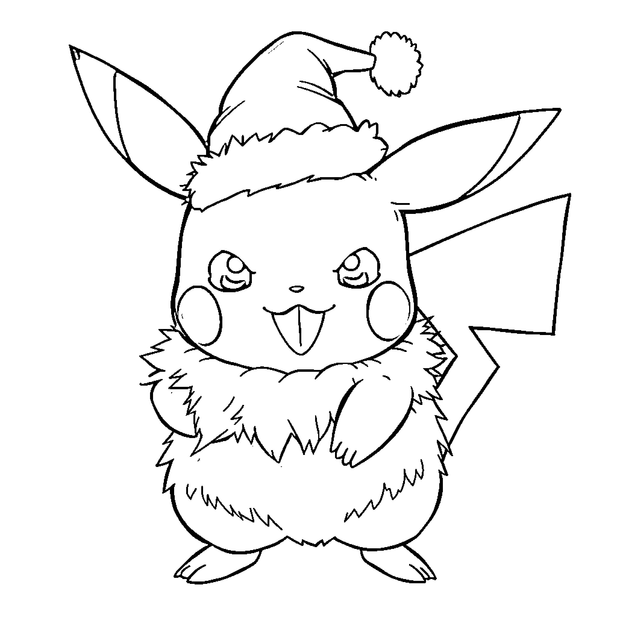 Pikachu wearing a Santa hat and making a funny expression Coloring Page (free black-and-white line drawing printable PDF for all, from beginners to advanced learners, including children, teens, adults, and seniors)