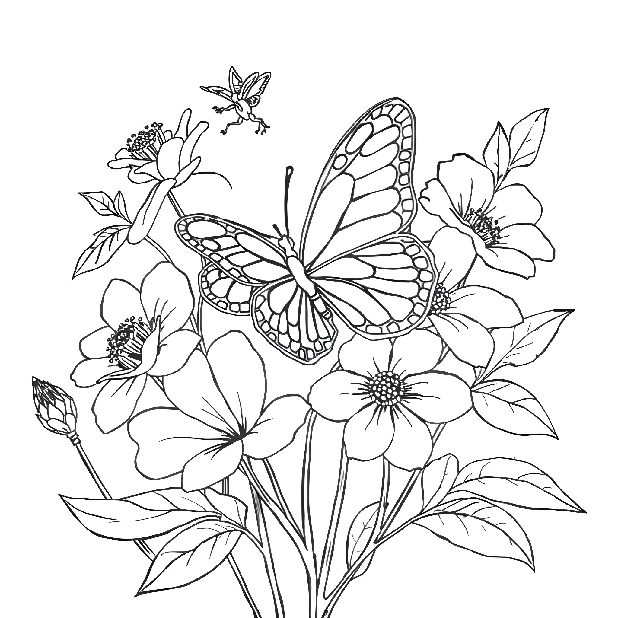 Butterfly amid floral arrangement Coloring Page (free black-and-white line drawing printable PDF for all, from beginners to advanced learners, including children, teens, adults, and seniors)