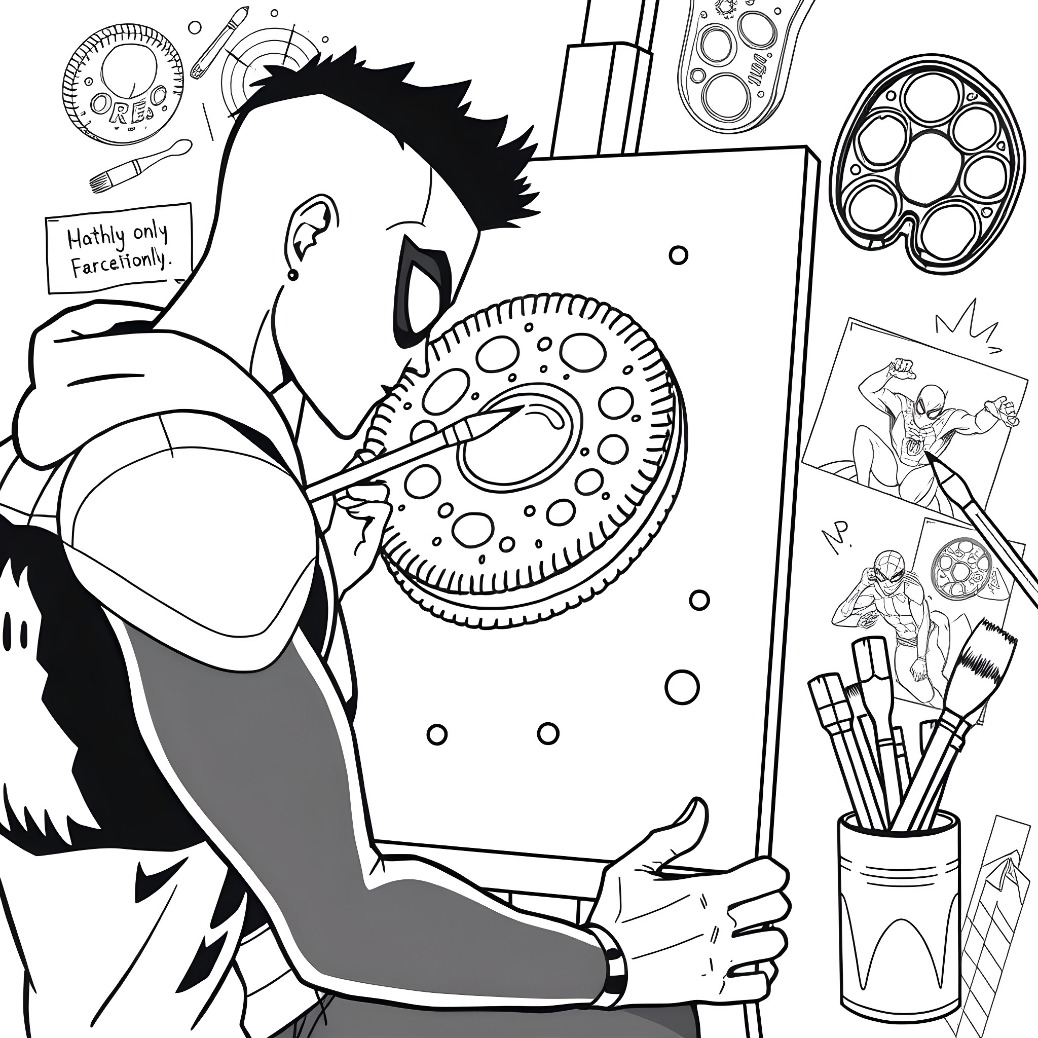 Miles Morales creating a vibrant artful masterpiece Coloring Page (free black-and-white line drawing printable PDF for all, from beginners to advanced learners, including children, teens, adults, and seniors)