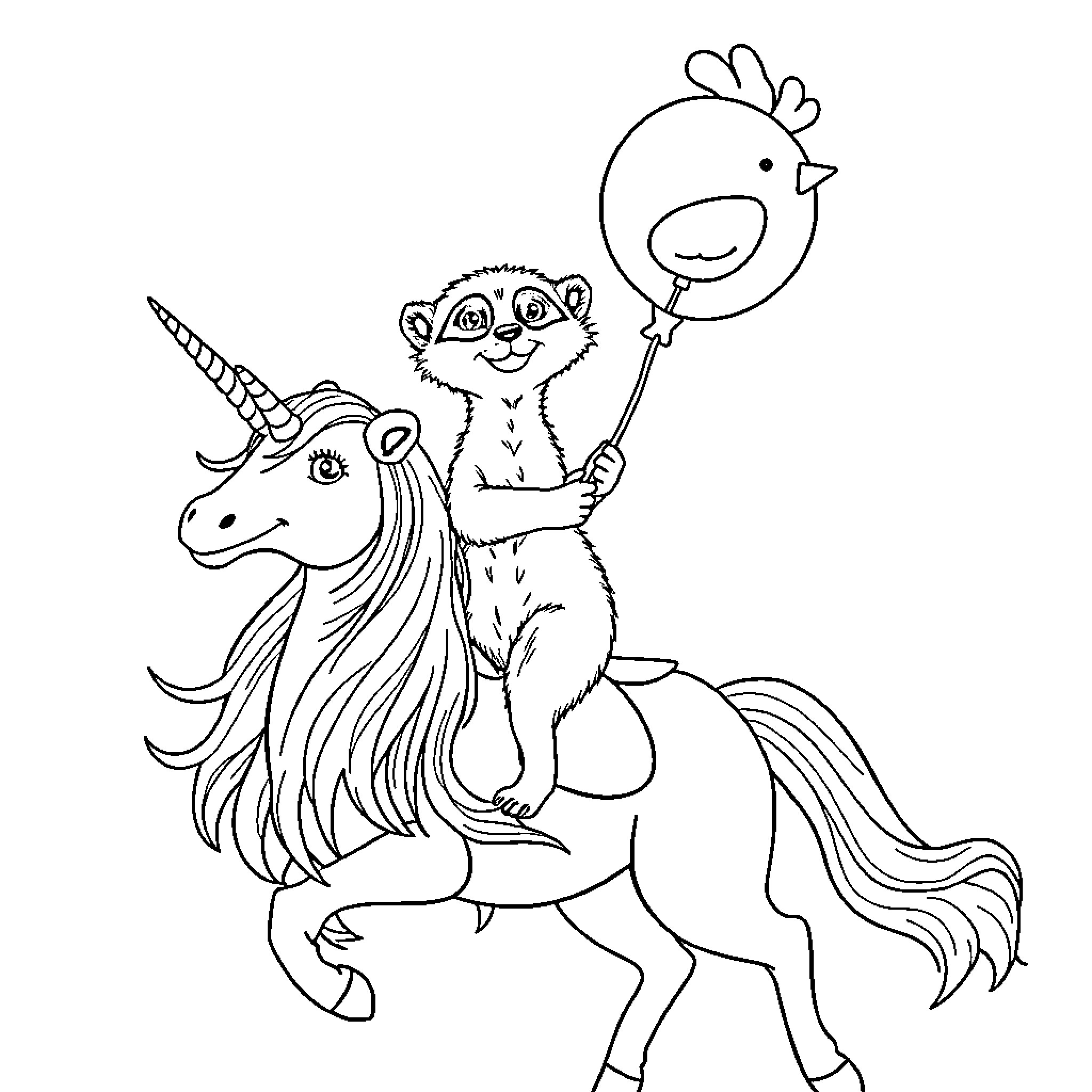 Meerkat riding a unicorn with a chicken Coloring Page (free black-and-white line drawing printable PDF for all, from beginners to advanced learners, including children, teens, adults, and seniors)