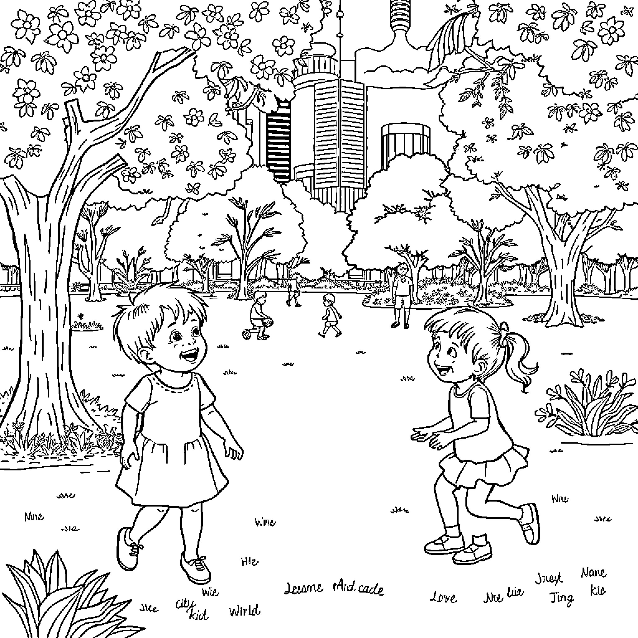 Kids playing happily in a park with nature Coloring Page (free black-and-white line drawing printable PDF for all, from beginners to advanced learners, including children, teens, adults, and seniors)