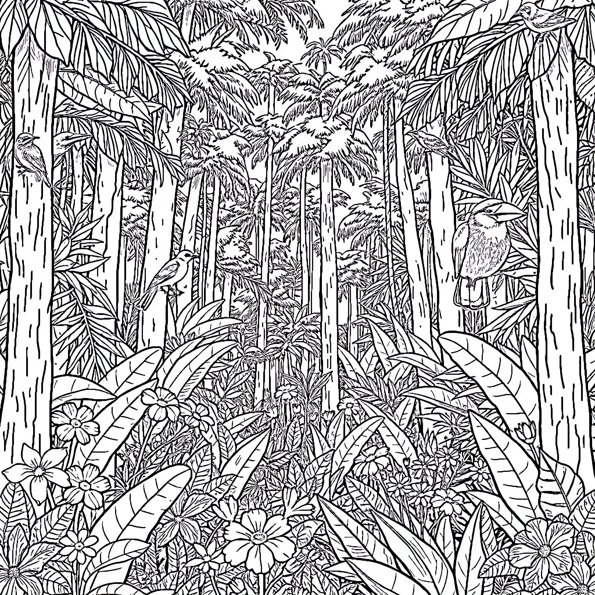 Rain Forest Teeming with Lush Vegetation and Wildlife Coloring Page (free black-and-white line drawing printable PDF for all, from beginners to advanced learners, including children, teens, adults, and seniors)