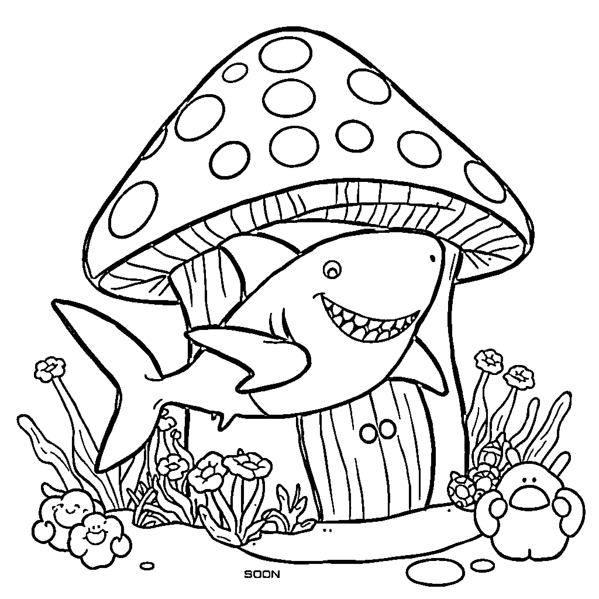 Shark under mushroom cap in whimsical nature scene Coloring Page (free black-and-white line drawing printable PDF for all, from beginners to advanced learners, including children, teens, adults, and seniors)