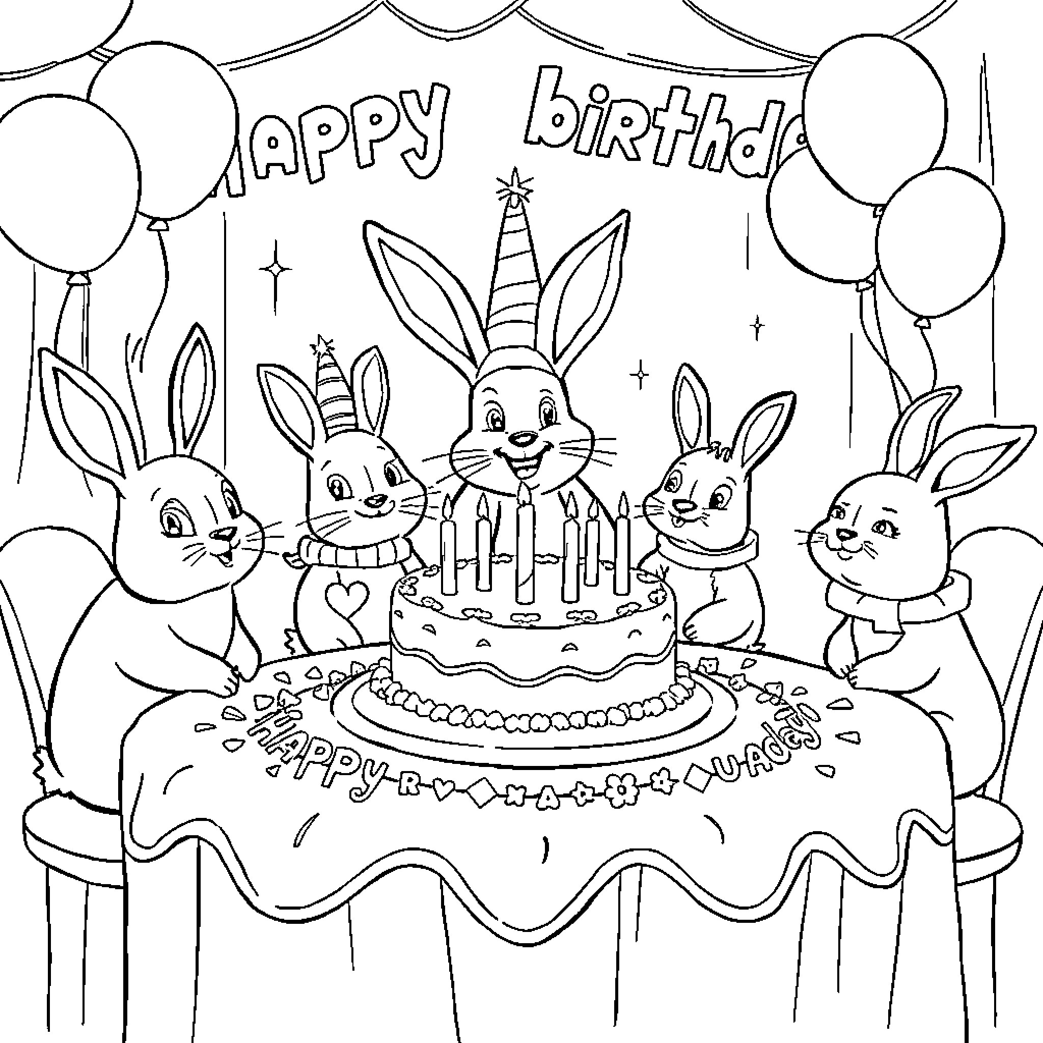 Rabbits celebrating a happy birthday party Coloring Page (free black-and-white line drawing printable PDF for all, from beginners to advanced learners, including children, teens, adults, and seniors)