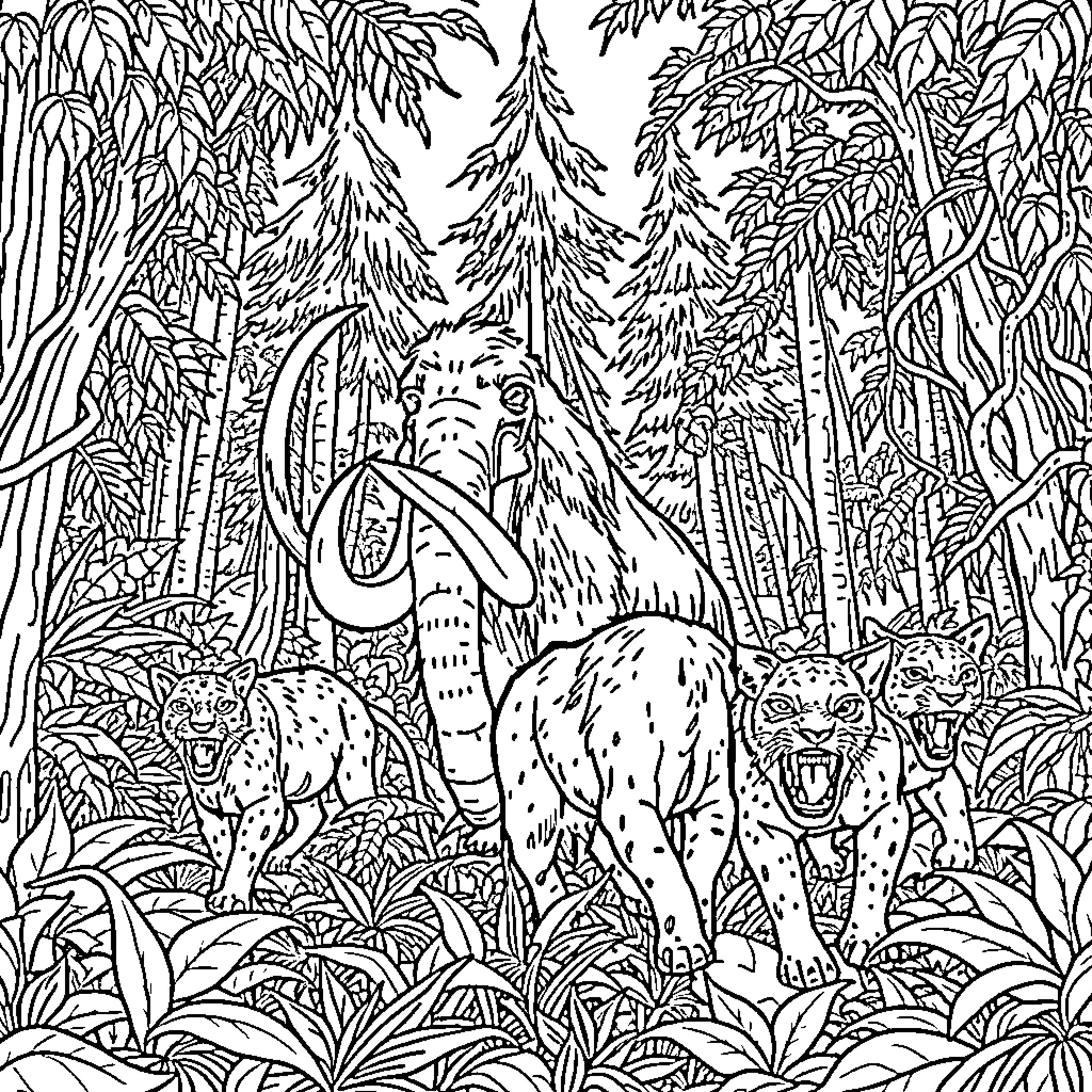 Mammoth herd roaming through the lush forest Coloring Page (free black-and-white line drawing printable PDF for all, from beginners to advanced learners, including children, teens, adults, and seniors)