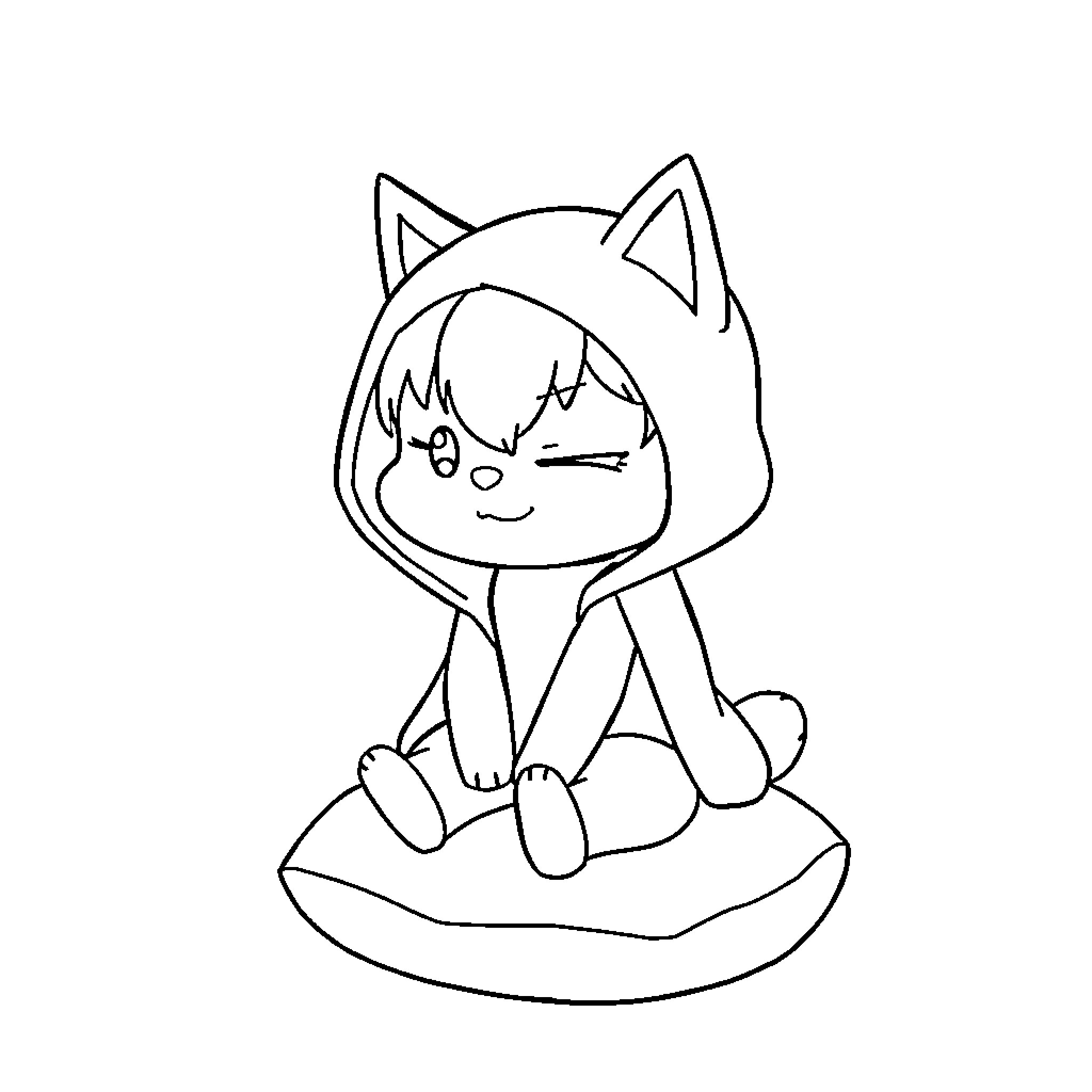 Kuromi sitting on cushion with cat ears Coloring Page (free black-and-white line drawing printable PDF for all, from beginners to advanced learners, including children, teens, adults, and seniors)