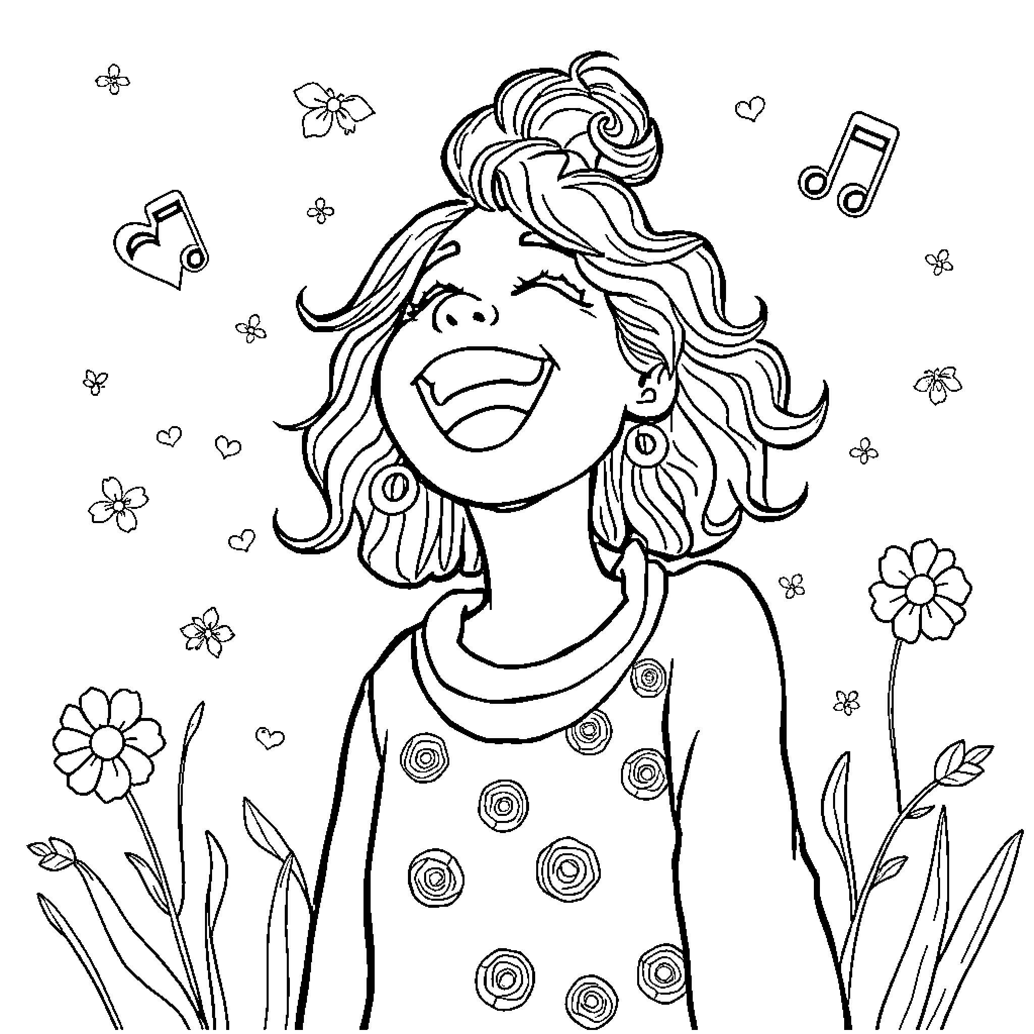 Hihuhaha Joyful girl in colorful floral meadow Coloring Page (free black-and-white line drawing printable PDF for all, from beginners to advanced learners, including children, teens, adults, and seniors)