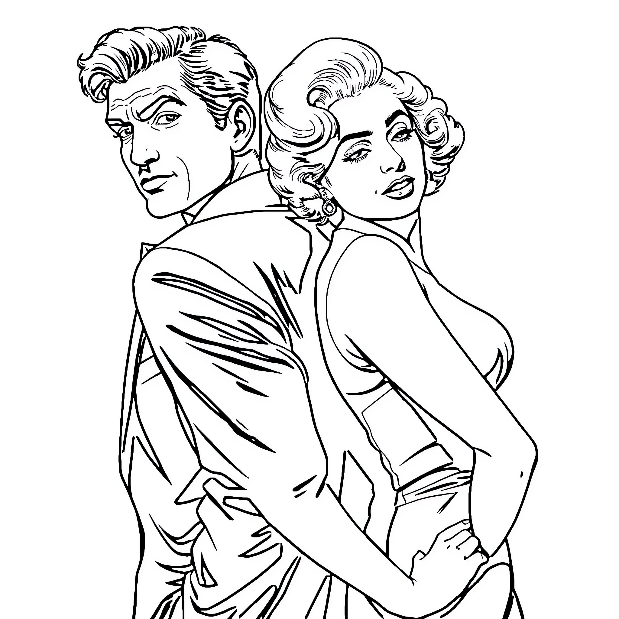 Marilyn Monroe and co-star in intimate embrace Coloring Page (free black-and-white line drawing printable PDF for all, from beginners to advanced learners, including children, teens, adults, and seniors)