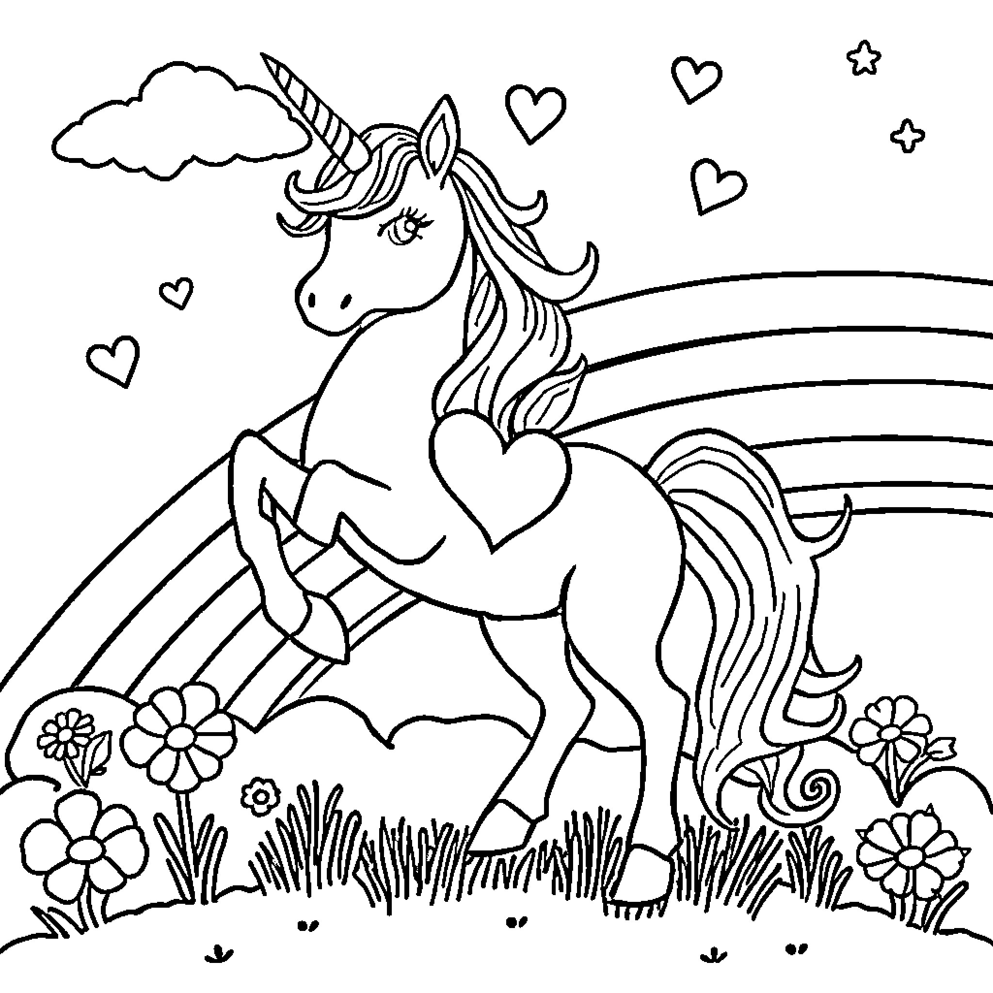 Unicorn dancing joyfully in a magical meadow Coloring Page (free black-and-white line drawing printable PDF for all, from beginners to advanced learners, including children, teens, adults, and seniors)