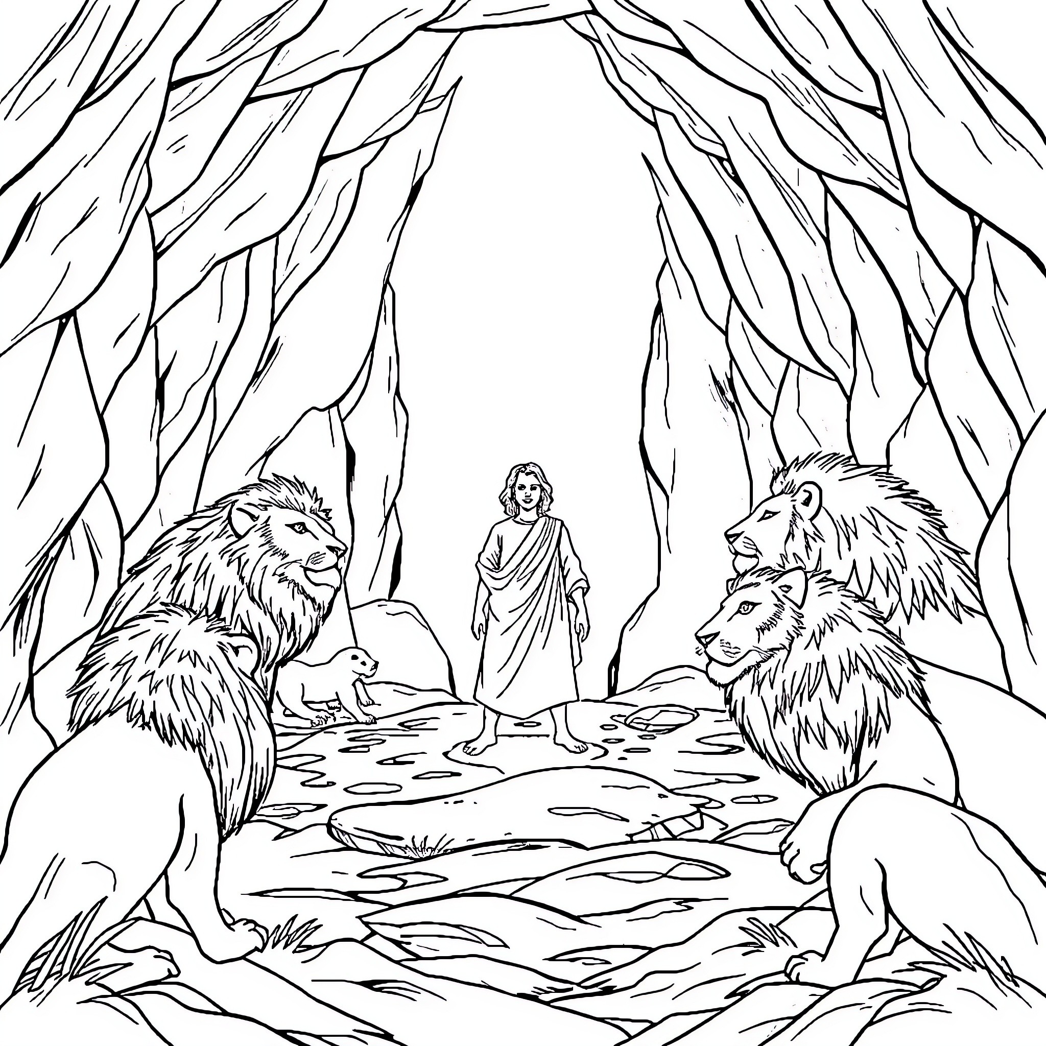 Daniel's Journey through the Mysterious Forest Coloring Page (free black-and-white line drawing printable PDF for all, from beginners to advanced learners, including children, teens, adults, and seniors)