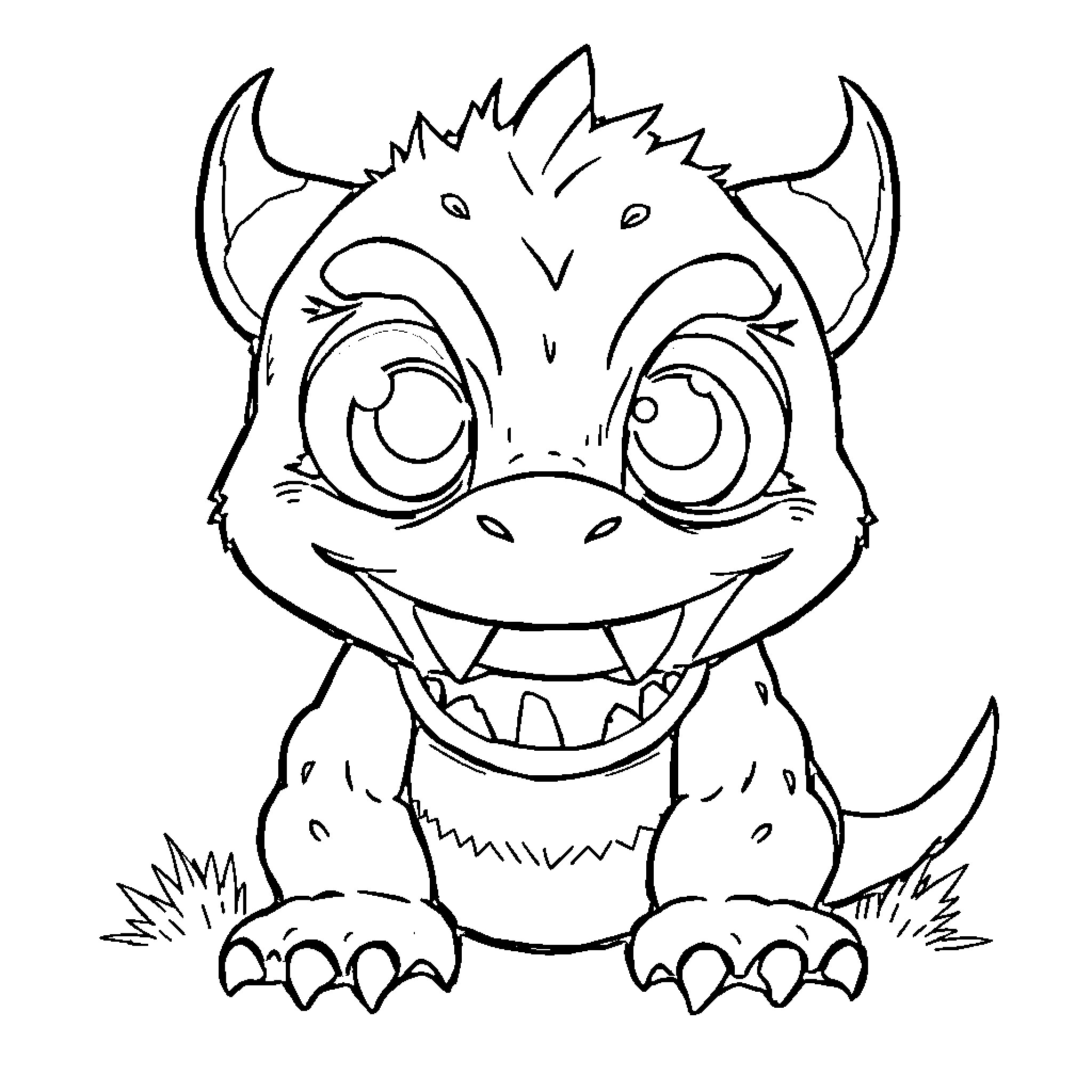 Monster with sharp teeth and horns smiling happily Coloring Page (free black-and-white line drawing printable PDF for all, from beginners to advanced learners, including children, teens, adults, and seniors)