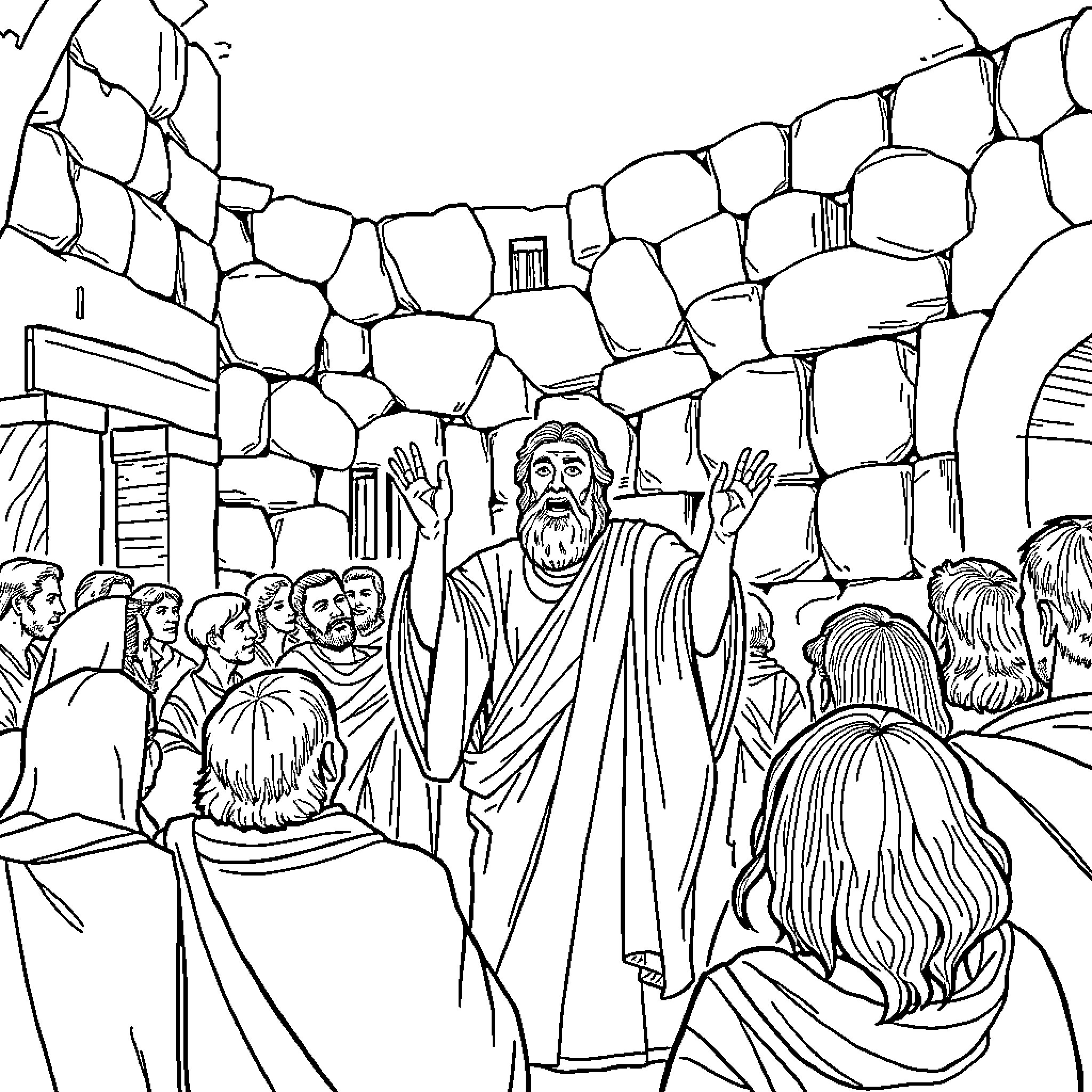 Apostle Teaching Before a Crowd of Followers Coloring Page (free black-and-white line drawing printable PDF for all, from beginners to advanced learners, including children, teens, adults, and seniors)