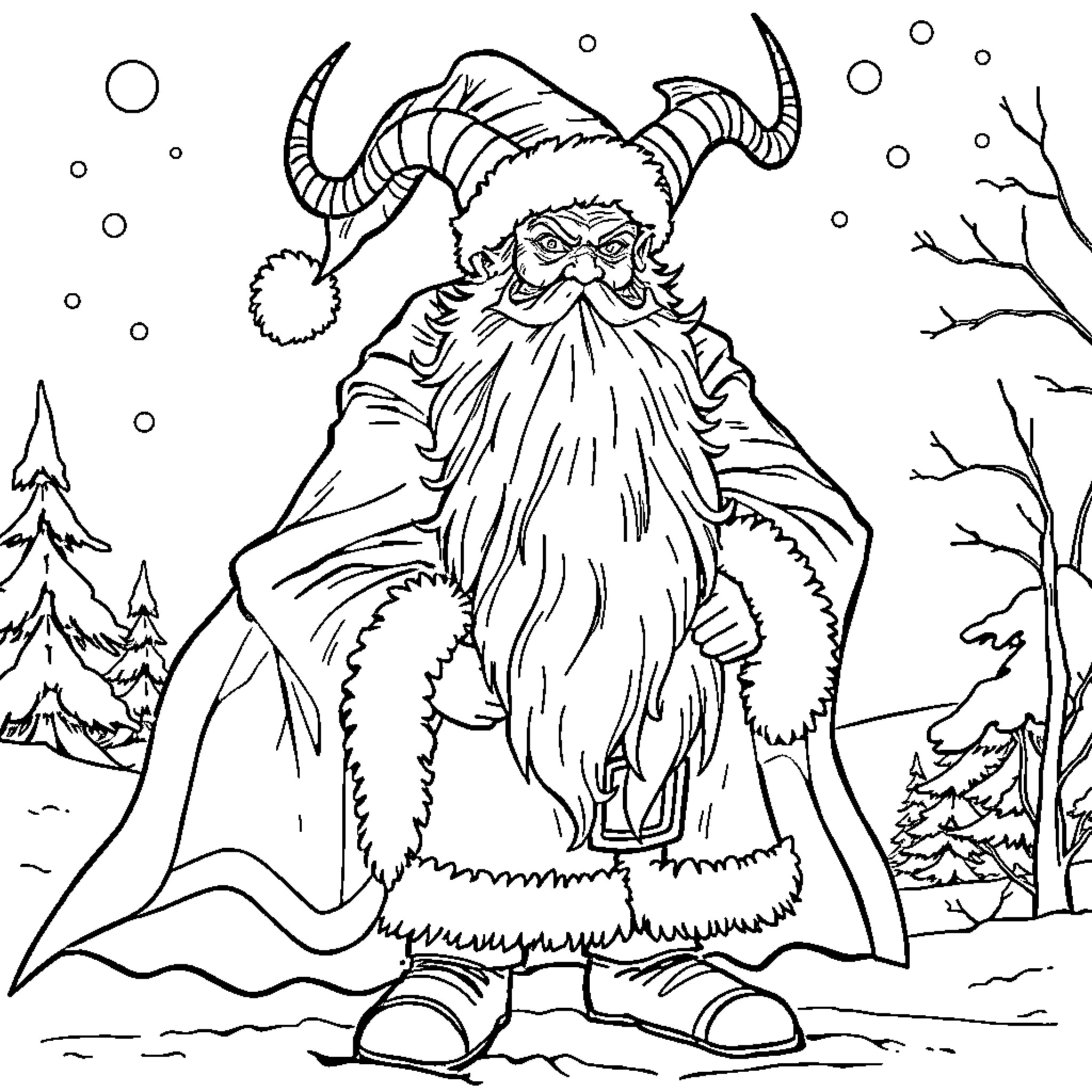 Satan Claus in Winter Wonderland Coloring Page (free black-and-white line drawing printable PDF for all, from beginners to advanced learners, including children, teens, adults, and seniors)