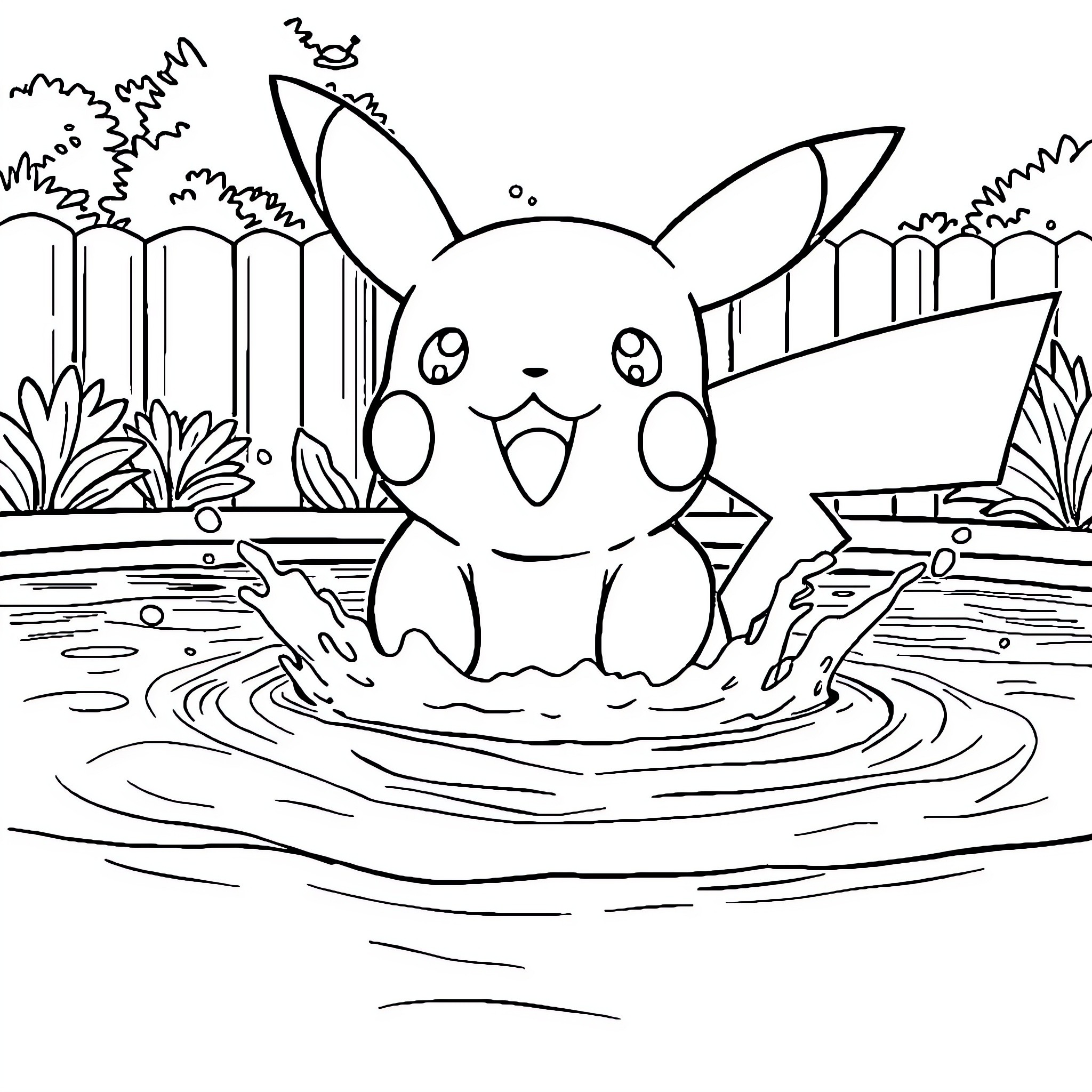 Pikachu splashing happily in the pond Coloring Page (free black-and-white line drawing printable PDF for all, from beginners to advanced learners, including children, teens, adults, and seniors)