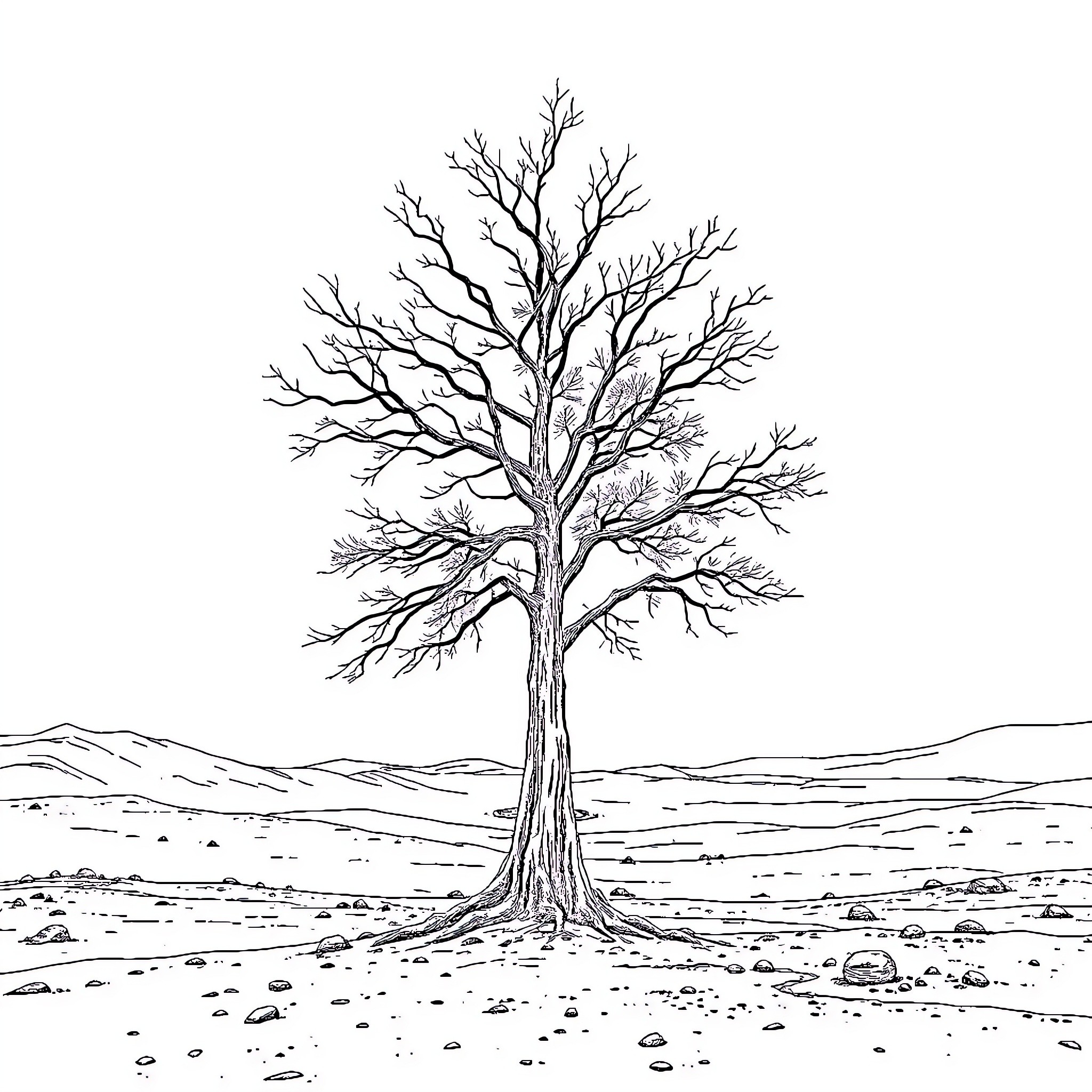 Tree standing alone in the barren landscape Coloring Page (free black-and-white line drawing printable PDF for all, from beginners to advanced learners, including children, teens, adults, and seniors)