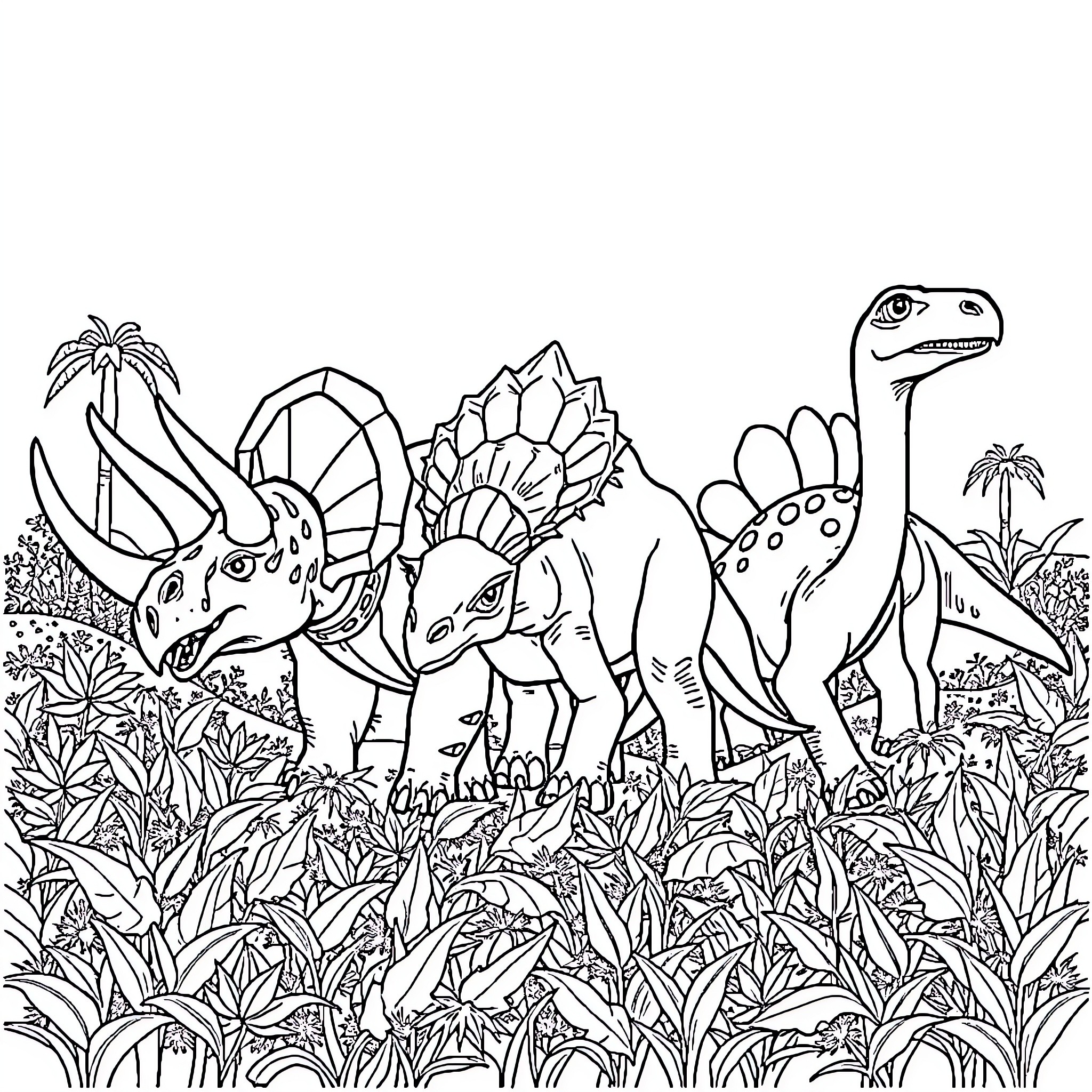 Dinosaurs exploring the prehistoric landscape Coloring Page (free black-and-white line drawing printable PDF for all, from beginners to advanced learners, including children, teens, adults, and seniors)