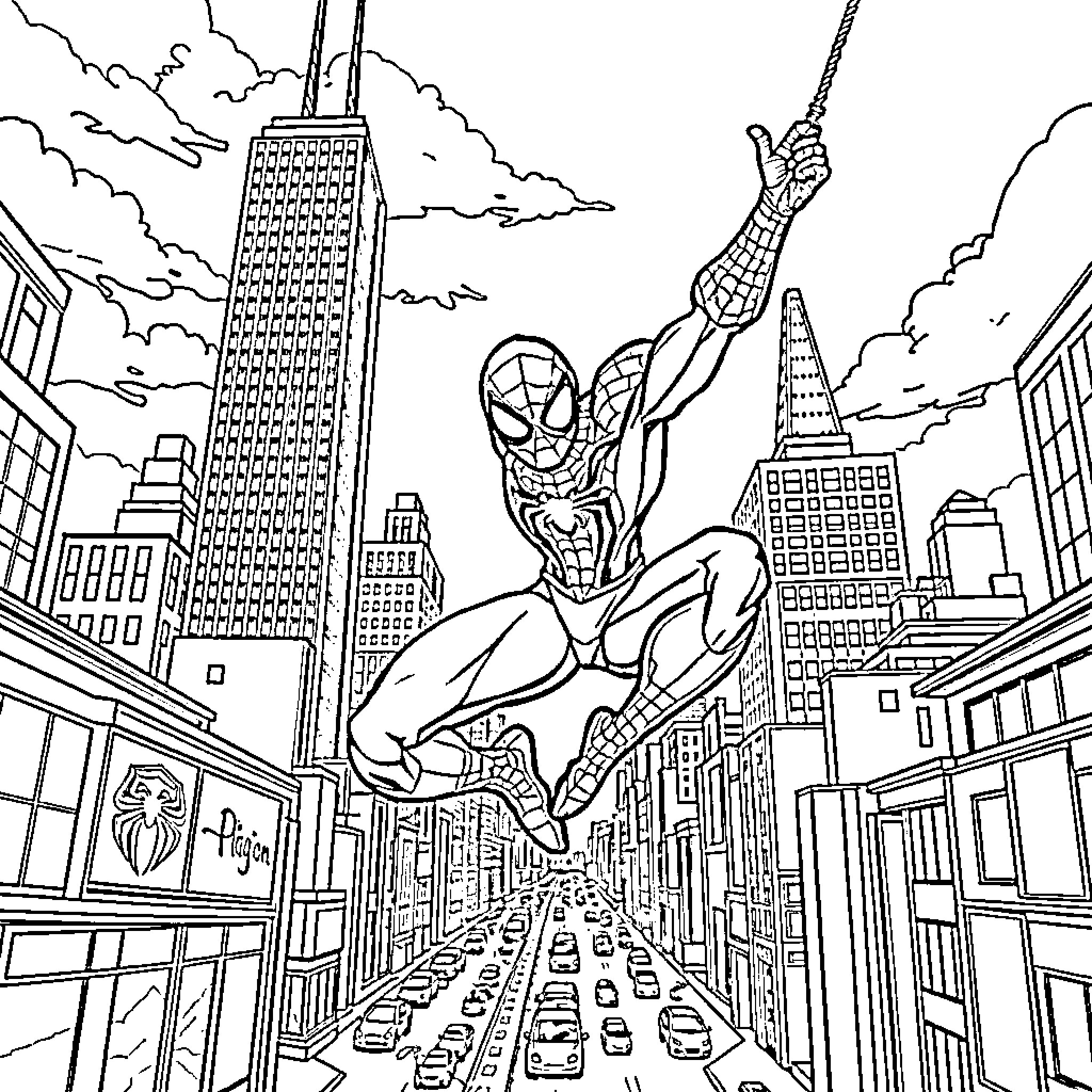 Spiderman swinging through the city skyline Coloring Page (free black-and-white line drawing printable PDF for all, from beginners to advanced learners, including children, teens, adults, and seniors)