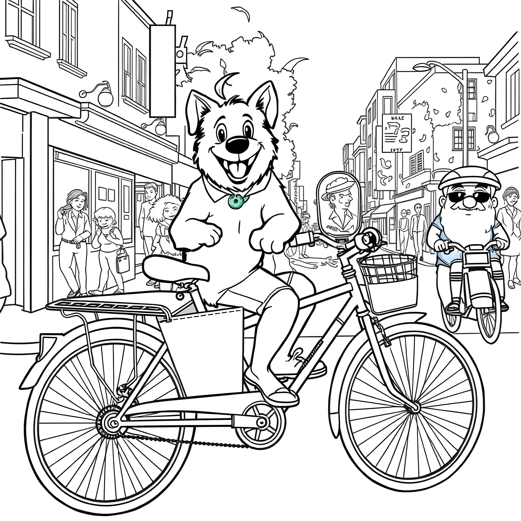 Dog riding bicycle through busy city street Coloring Page (free black-and-white line drawing printable PDF for all, from beginners to advanced learners, including children, teens, adults, and seniors)
