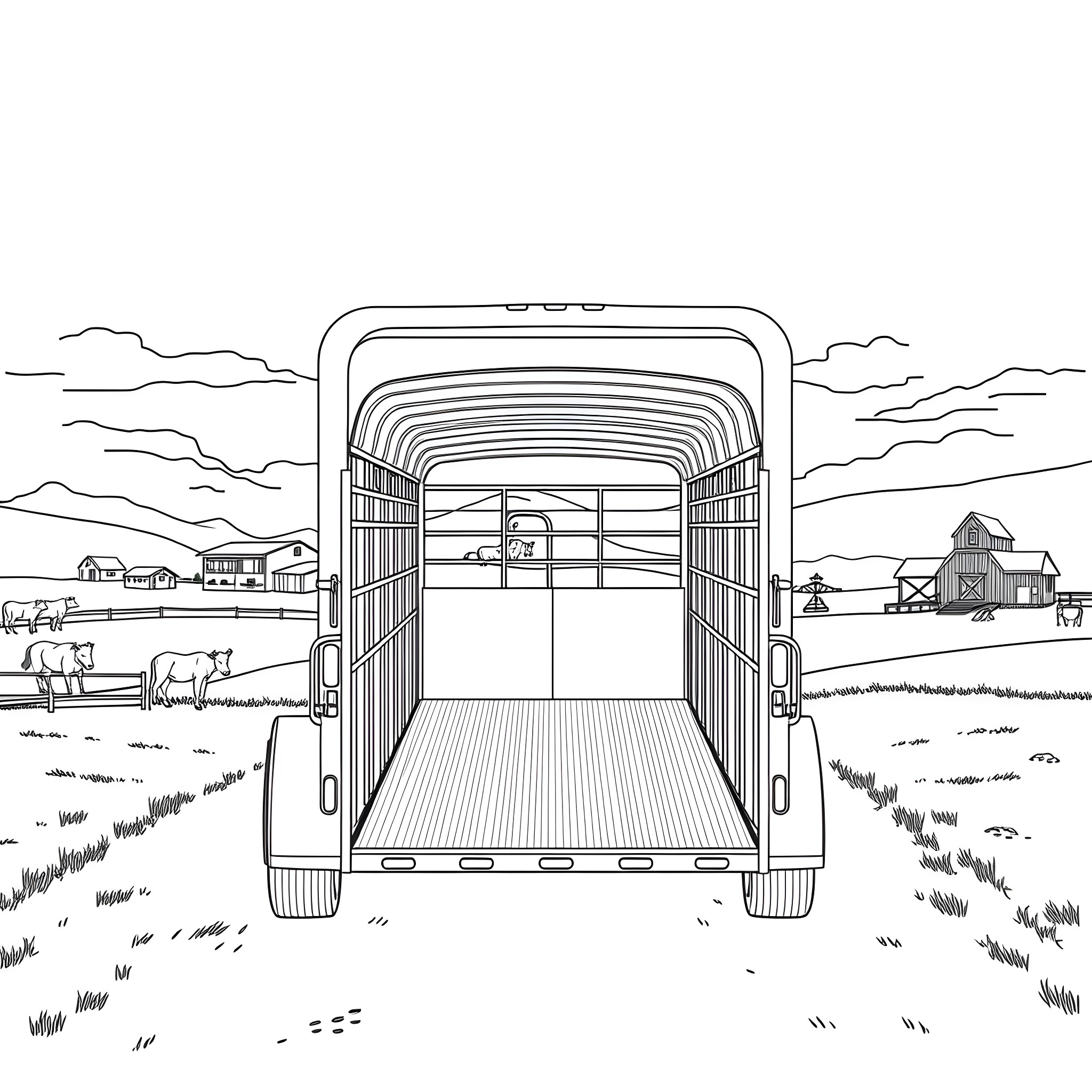 Gooseneck Trailer loaded with farm equipment Coloring Page (free black-and-white line drawing printable PDF for all, from beginners to advanced learners, including children, teens, adults, and seniors)