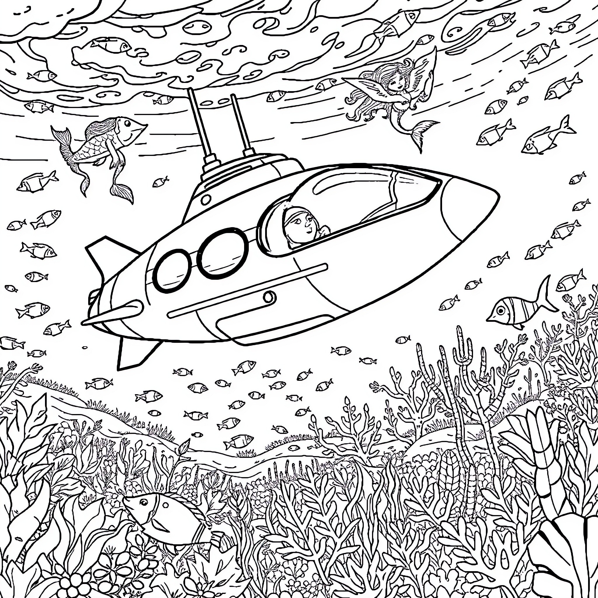 Submarine exploring the vibrant underwater world Coloring Page (free black-and-white line drawing printable PDF for all, from beginners to advanced learners, including children, teens, adults, and seniors)