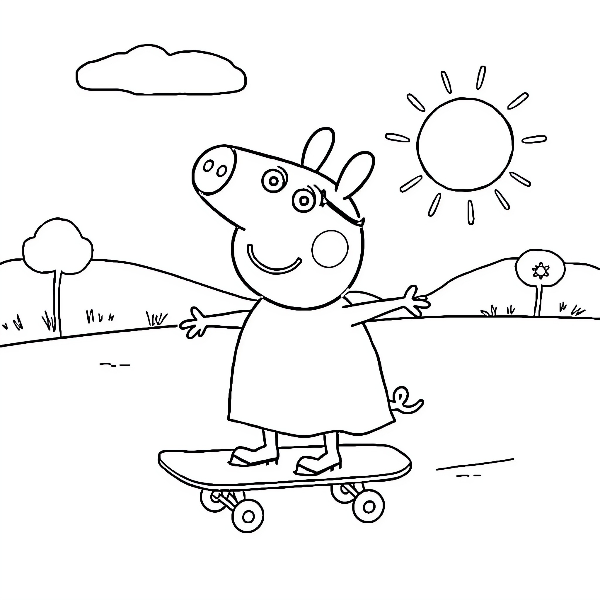 Peppa Pig happily riding a skateboard outdoors Coloring Page (free black-and-white line drawing printable PDF for all, from beginners to advanced learners, including children, teens, adults, and seniors)