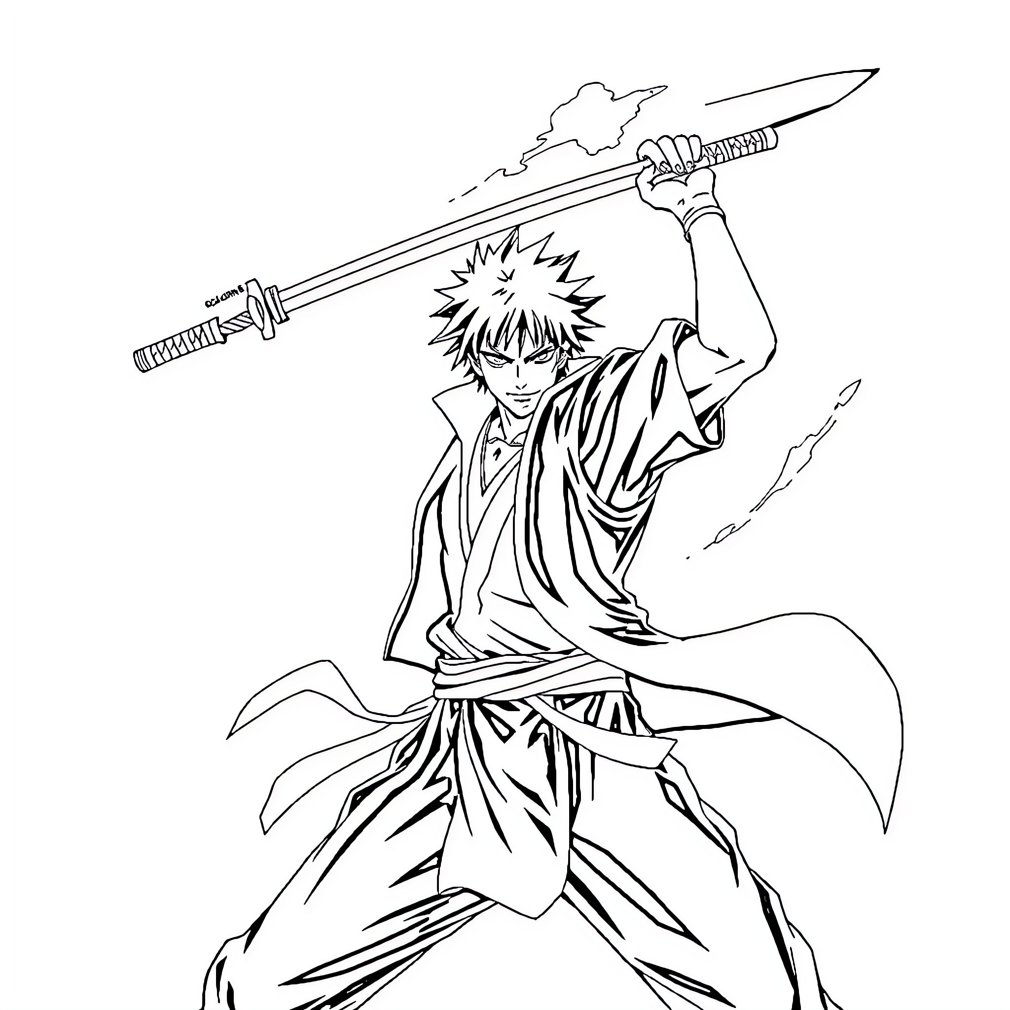 Ichigo wielding powerful sword in dramatic stance Coloring Page (free black-and-white line drawing printable PDF for all, from beginners to advanced learners, including children, teens, adults, and seniors)