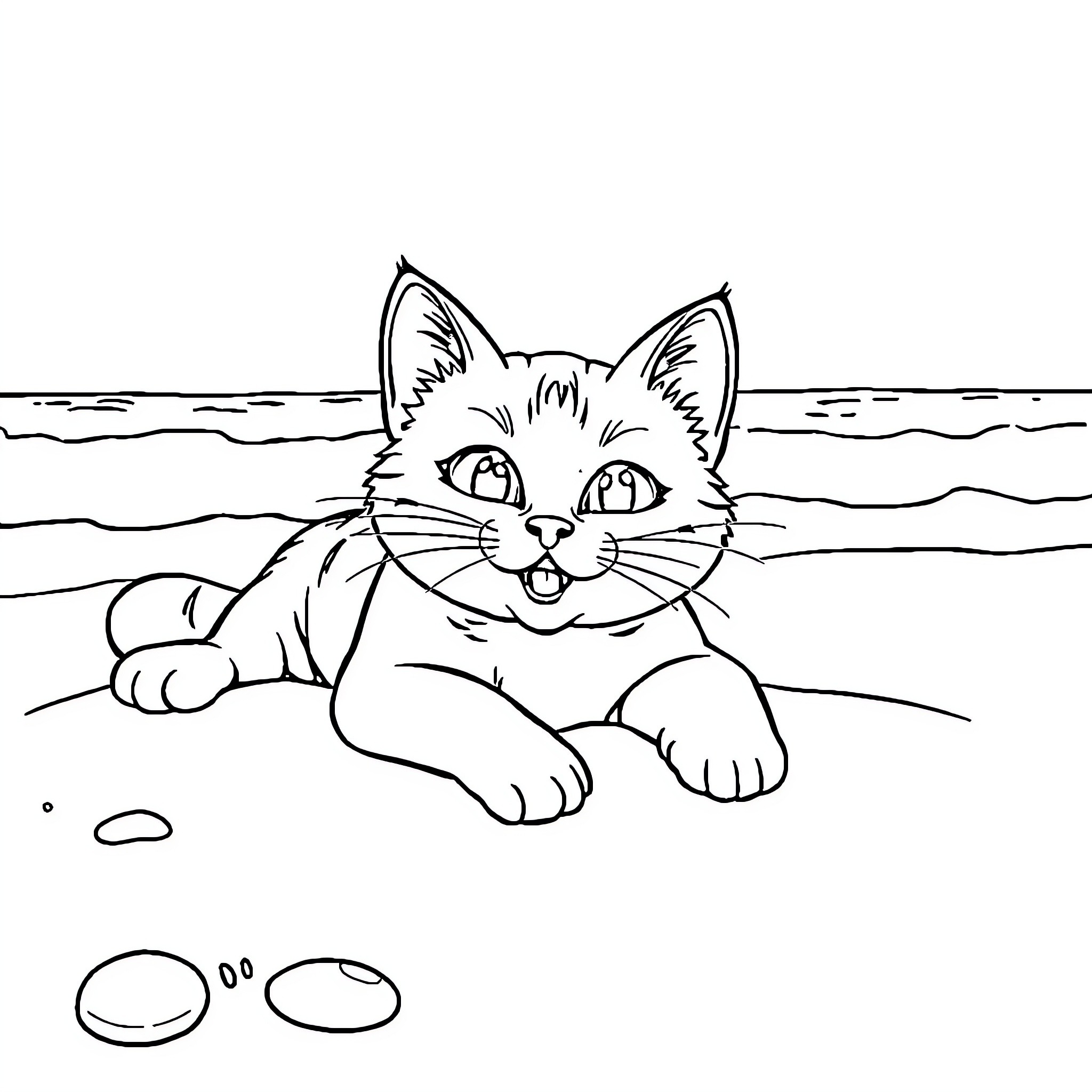 Cat relaxing on the beach Coloring Page (free black-and-white line drawing printable PDF for all, from beginners to advanced learners, including children, teens, adults, and seniors)