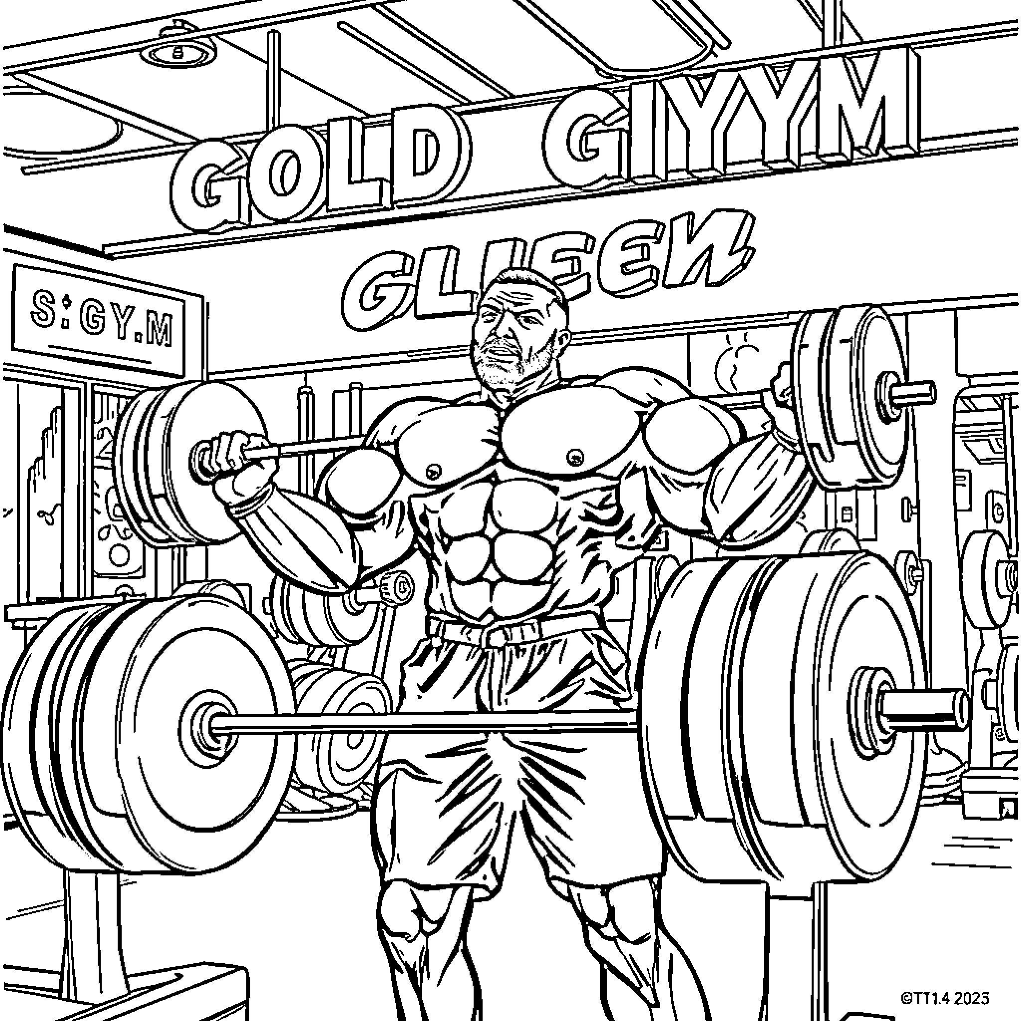 Bodybuilder lifting heavy weights in gym Coloring Page (free black-and-white line drawing printable PDF for all, from beginners to advanced learners, including children, teens, adults, and seniors)