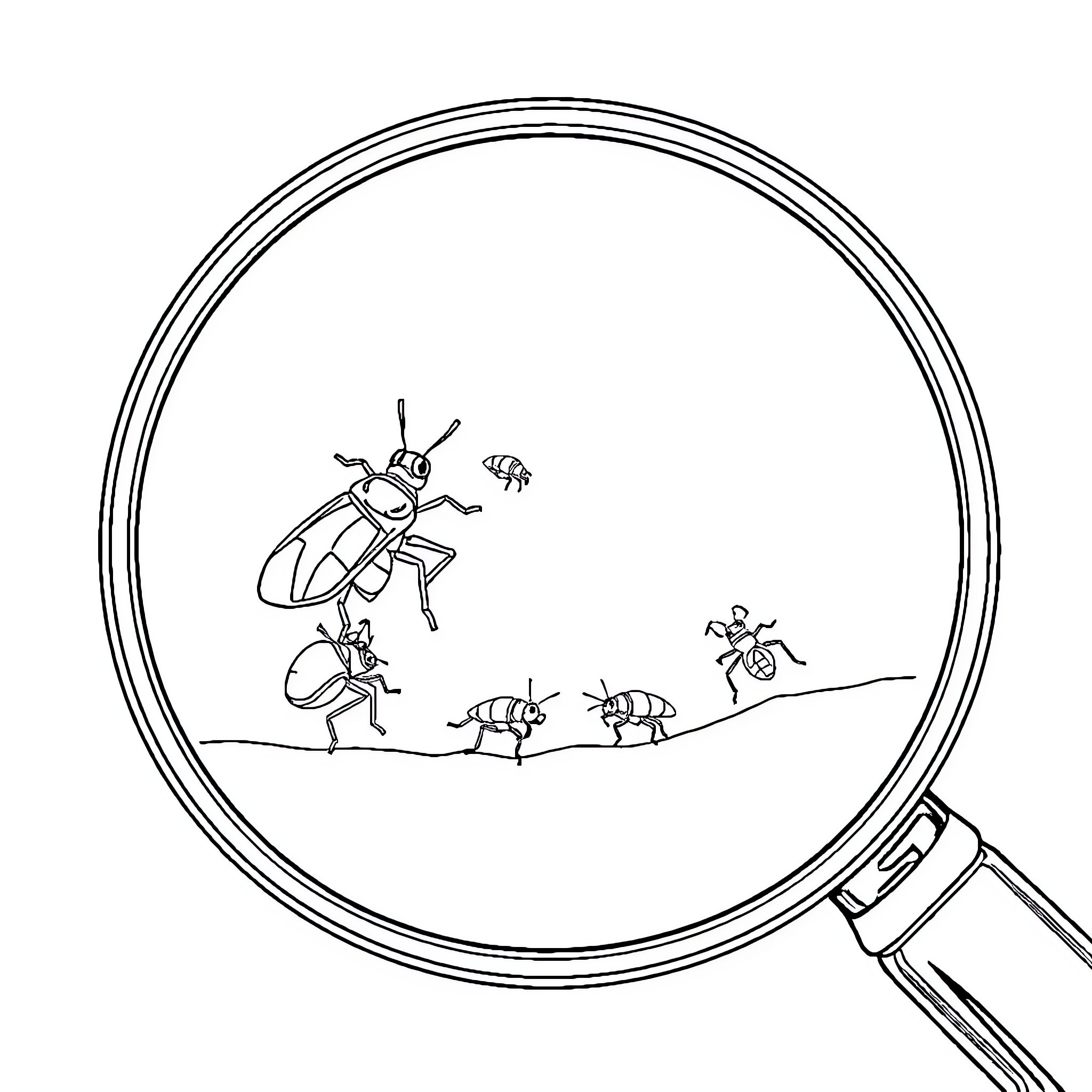 Bug exploration through magnifying glass Coloring Page (free black-and-white line drawing printable PDF for all, from beginners to advanced learners, including children, teens, adults, and seniors)