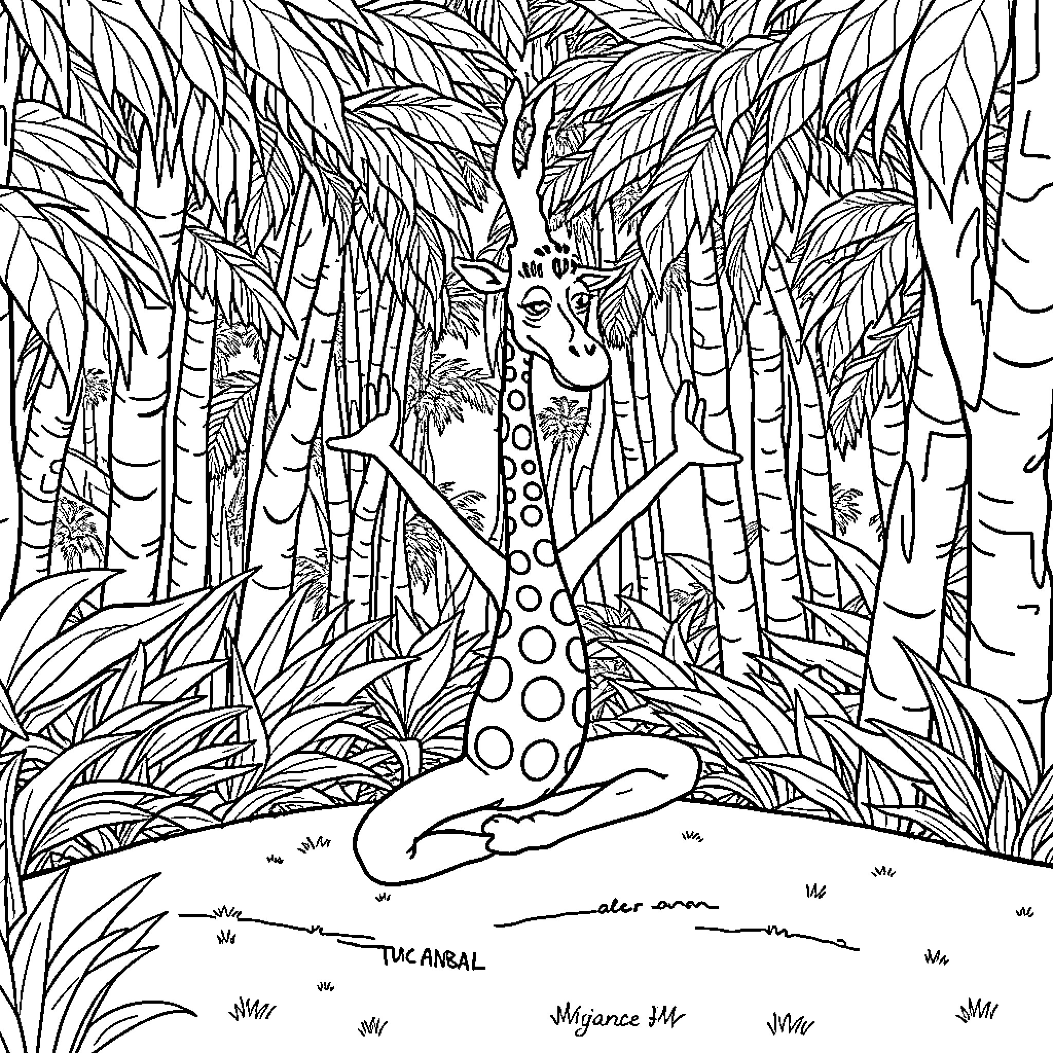 Gaston Lagaffe's Encounter with a Whimsical Giraffe in the Lush Jungle Coloring Page (free black-and-white line drawing printable PDF for all, from beginners to advanced learners, including children, teens, adults, and seniors)
