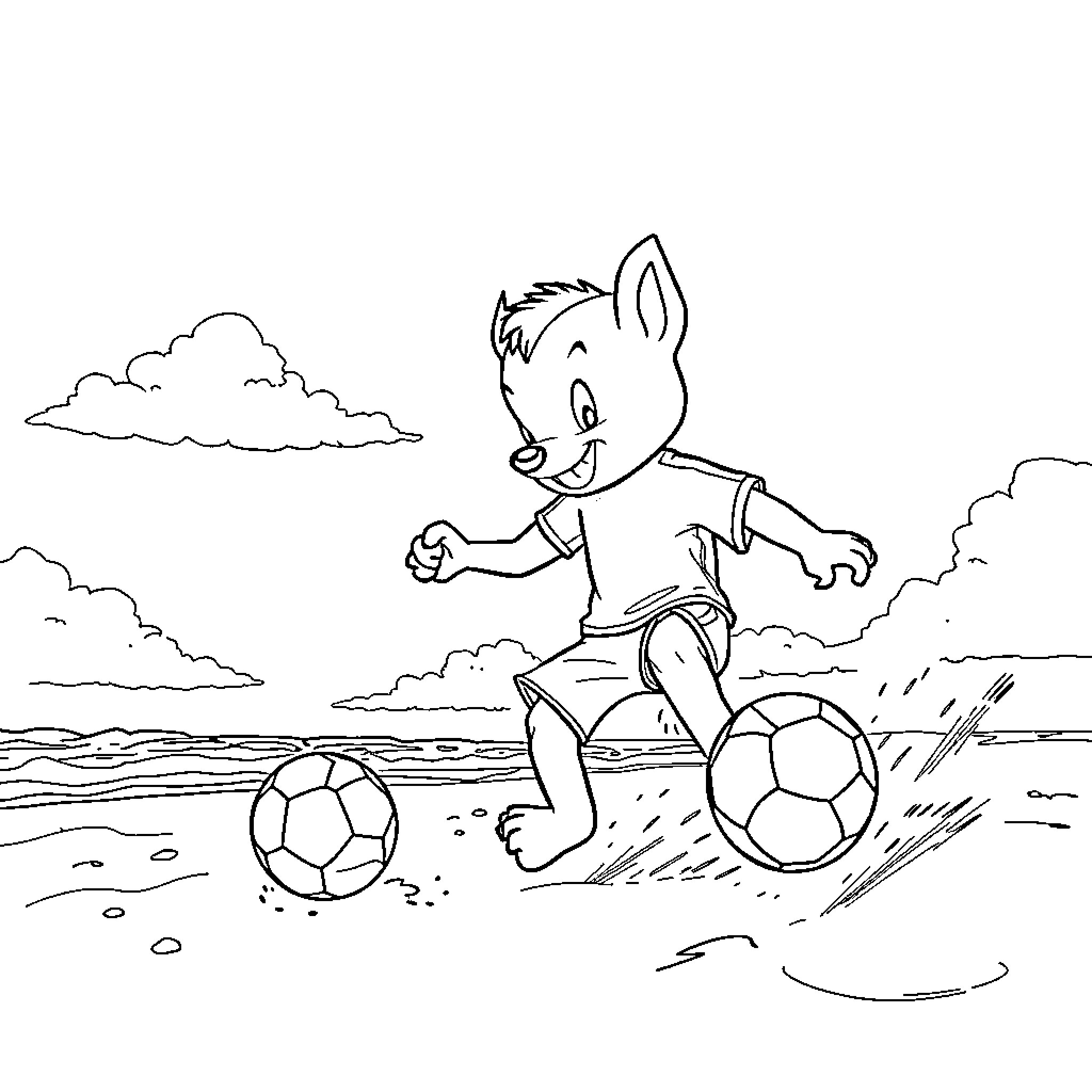 Bluey playing with soccer balls on the beach Coloring Page (free black-and-white line drawing printable PDF for all, from beginners to advanced learners, including children, teens, adults, and seniors)