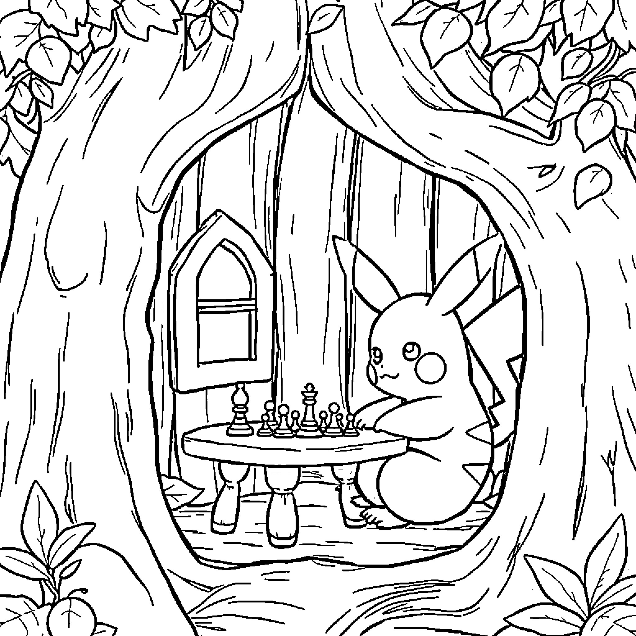 Pikachu plays chess in a cozy woodland home Coloring Page (free black-and-white line drawing printable PDF for all, from beginners to advanced learners, including children, teens, adults, and seniors)