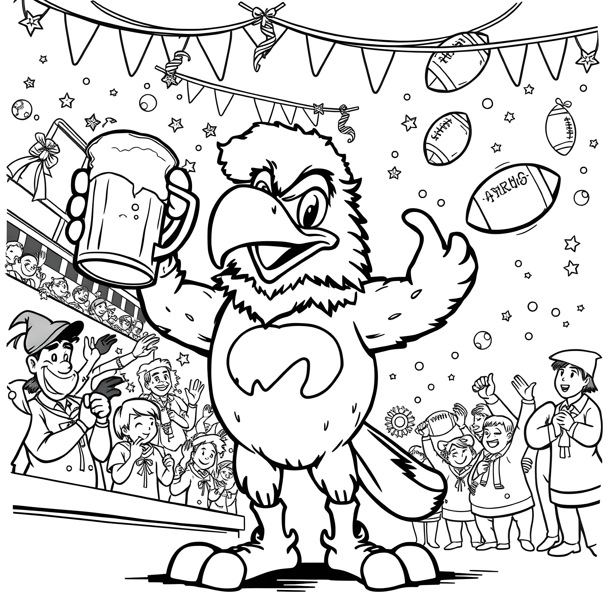 Herky the Hawkeye in a festive sports celebration Coloring Page (free black-and-white line drawing printable PDF for all, from beginners to advanced learners, including children, teens, adults, and seniors)