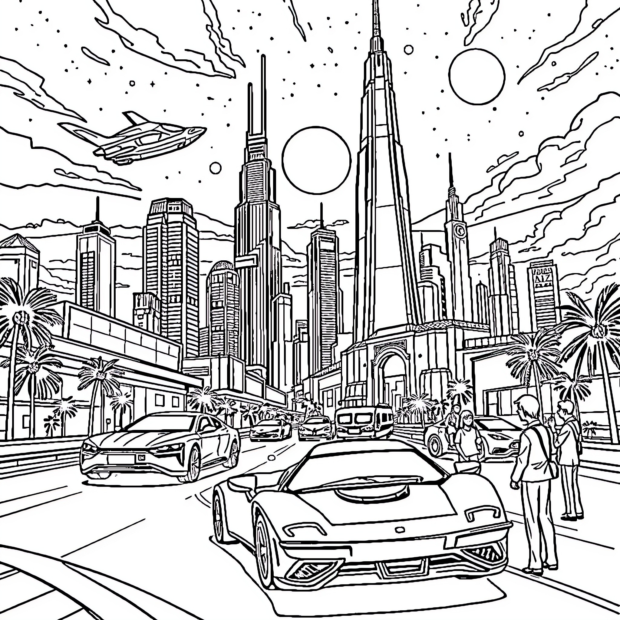 World of Future City Skyline and Futuristic Vehicles Coloring Page (free black-and-white line drawing printable PDF for all, from beginners to advanced learners, including children, teens, adults, and seniors)