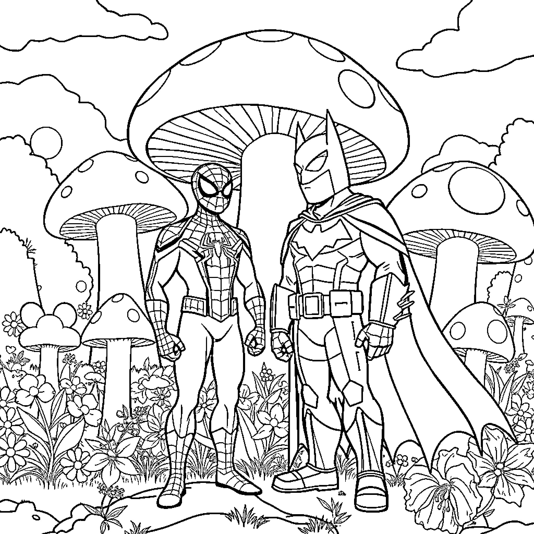 Spider-Man and Captain America in Mushroom Forest Adventure Coloring Page (free black-and-white line drawing printable PDF for all, from beginners to advanced learners, including children, teens, adults, and seniors)
