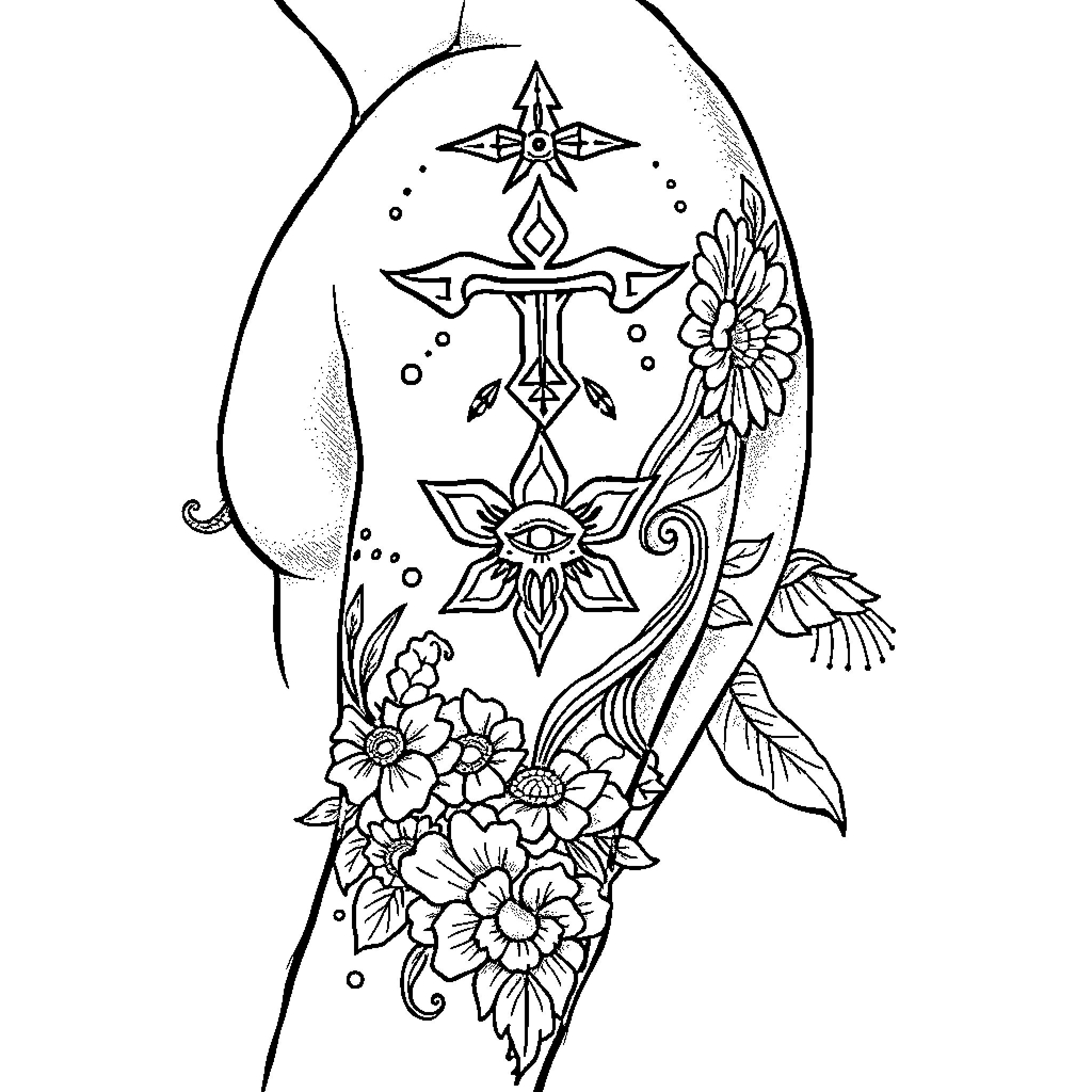 Tattoo of Floral Designs and Symbolic Cross Coloring Page (free black-and-white line drawing printable PDF for all, from beginners to advanced learners, including children, teens, adults, and seniors)