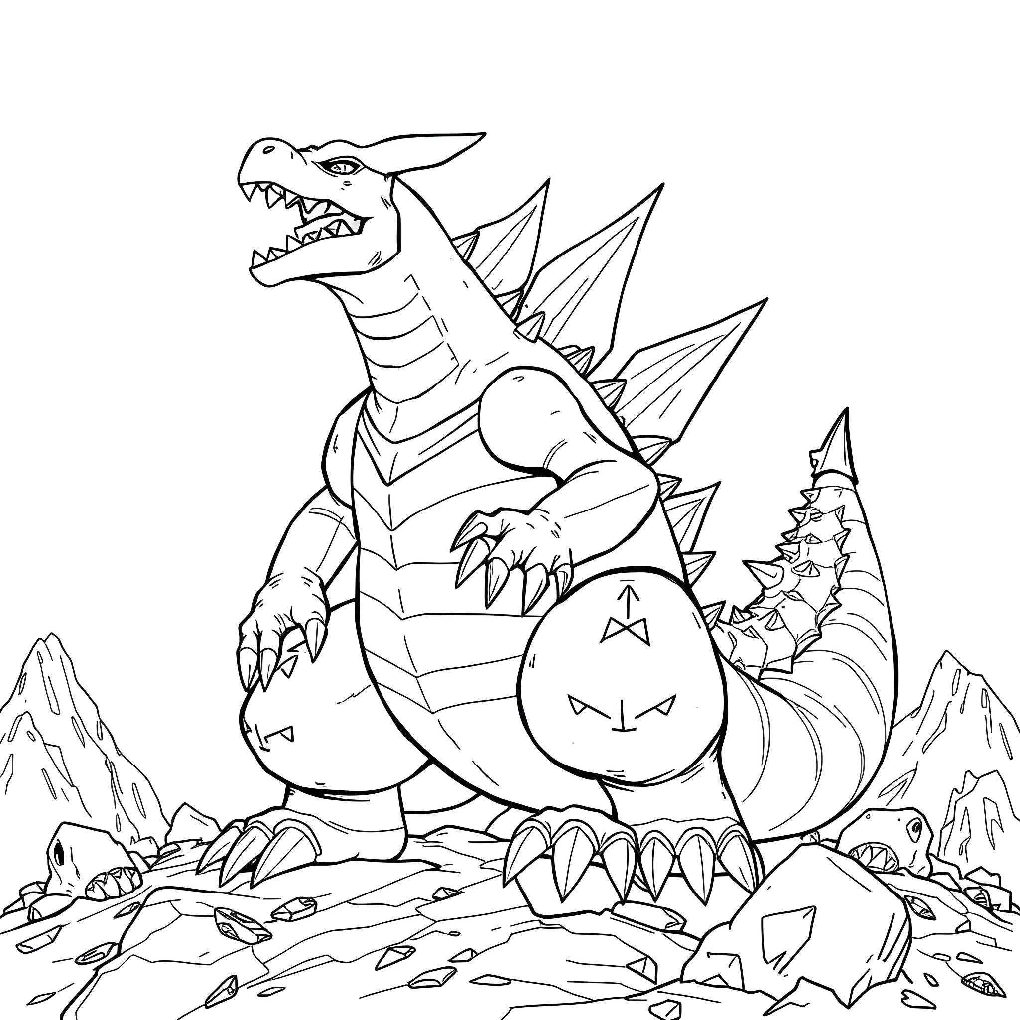 Tyranitar Unleashes Its Ferocity in the Rugged Terrain Coloring Page (free black-and-white line drawing printable PDF for all, from beginners to advanced learners, including children, teens, adults, and seniors)