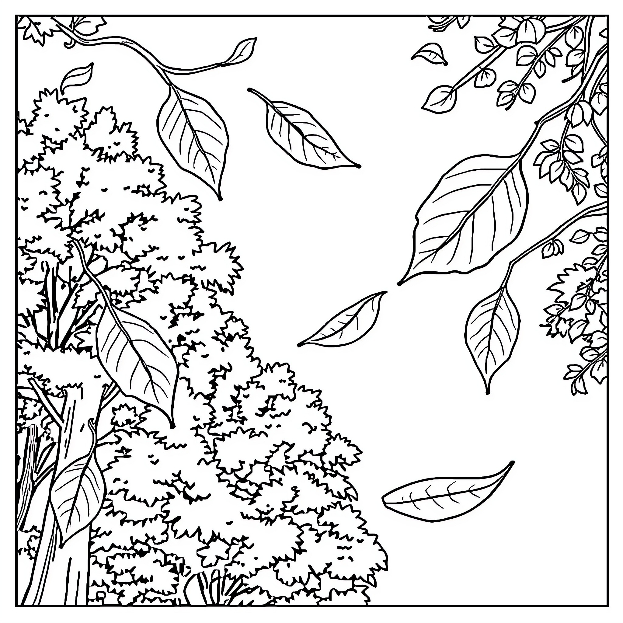 Leaf Pattern in Foliage Landscape Coloring Page (free black-and-white line drawing printable PDF for all, from beginners to advanced learners, including children, teens, adults, and seniors)