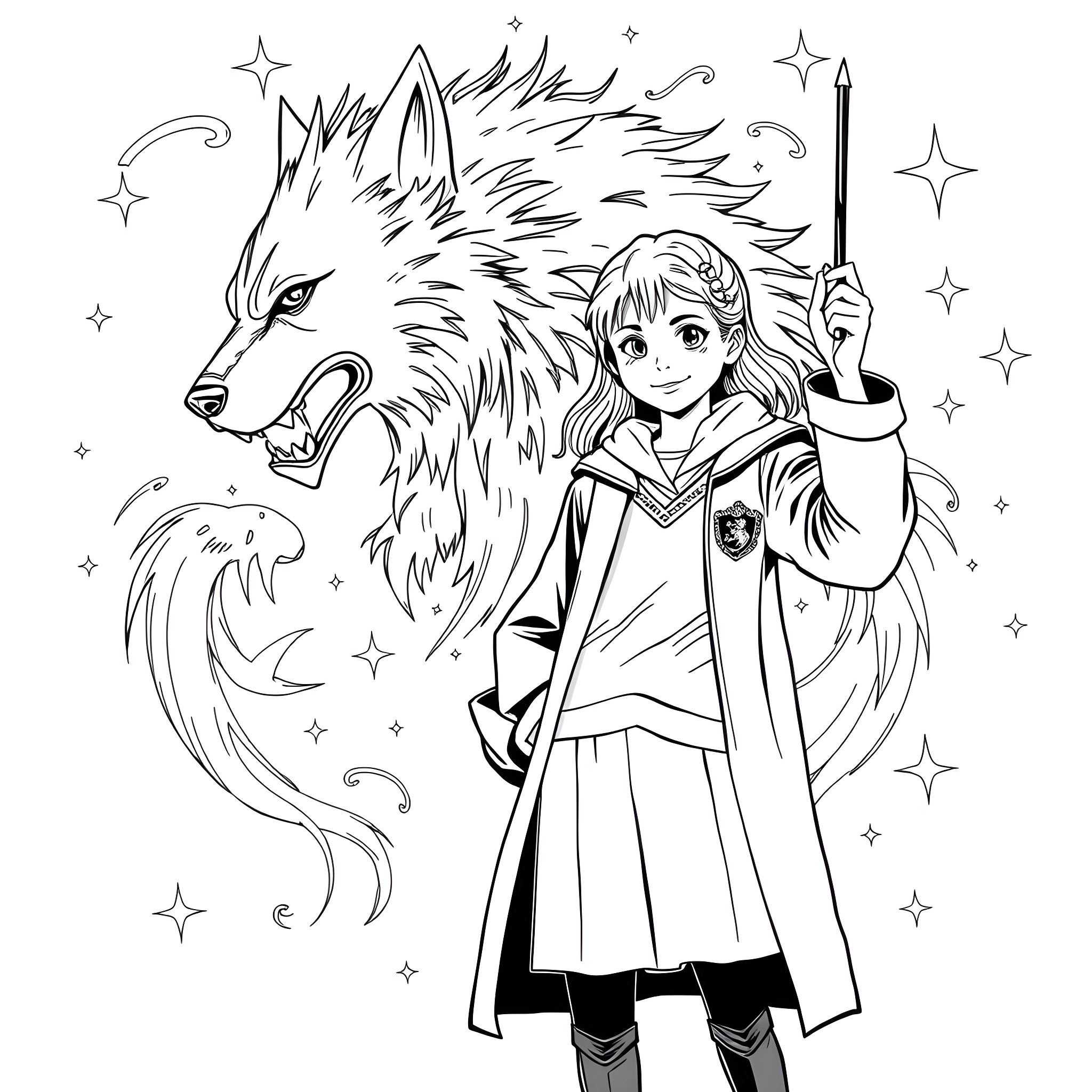 Teen Girl with Magical Wolf Companion Coloring Page (free black-and-white line drawing printable PDF for all, from beginners to advanced learners, including children, teens, adults, and seniors)