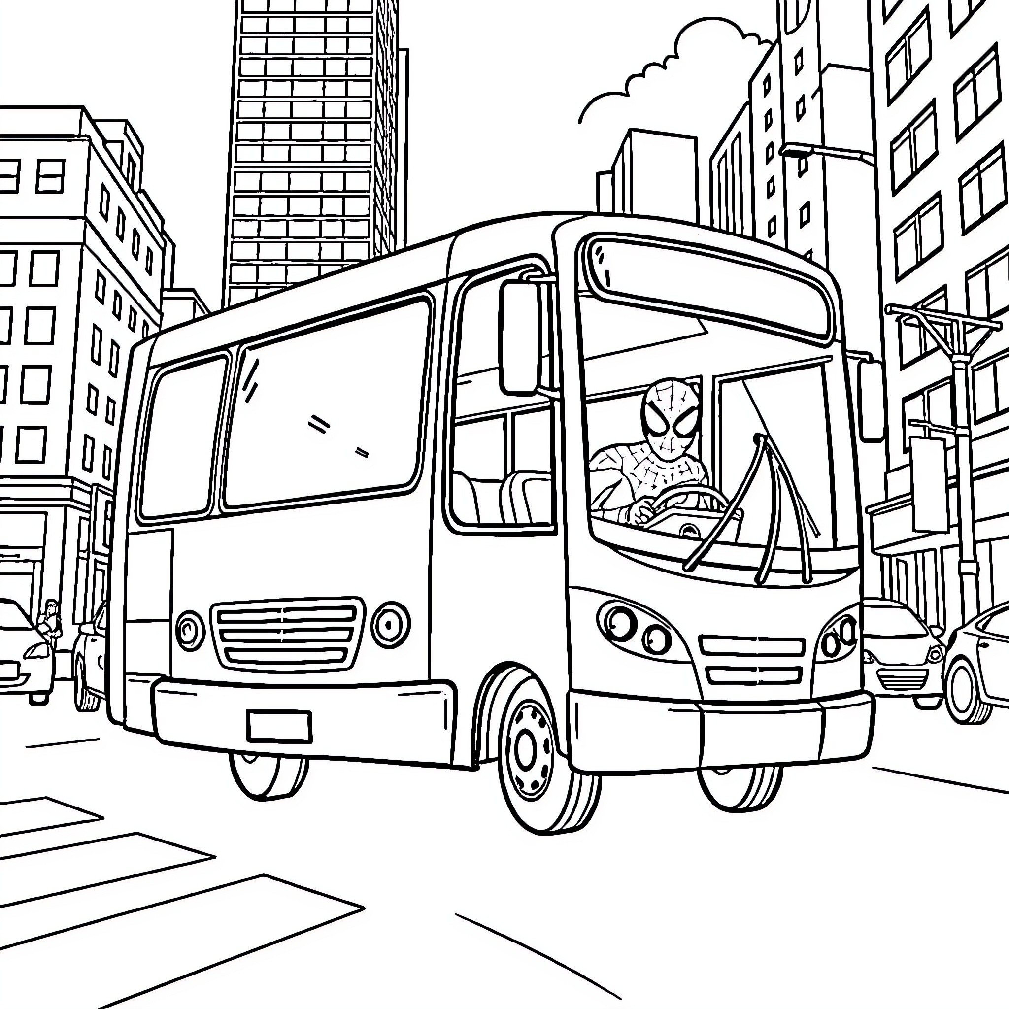 Spider-Man swinging through the city in a bus Coloring Page (free black-and-white line drawing printable PDF for all, from beginners to advanced learners, including children, teens, adults, and seniors)