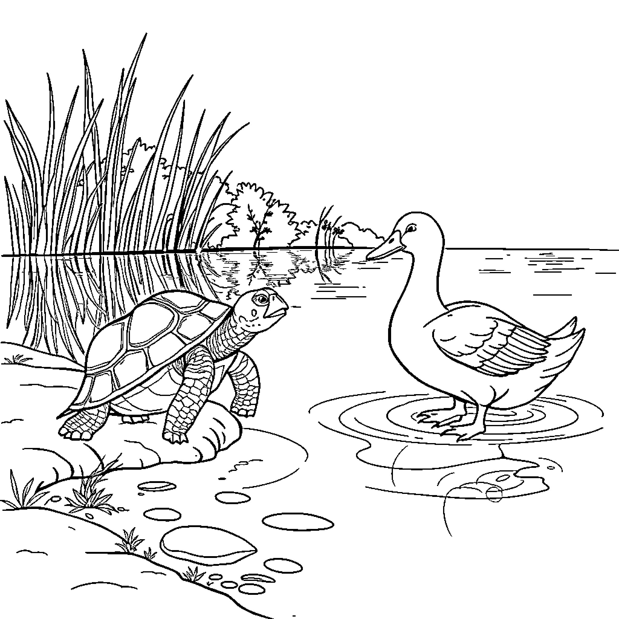 Turtle exploring the pond with a duck Coloring Page (free black-and-white line drawing printable PDF for all, from beginners to advanced learners, including children, teens, adults, and seniors)