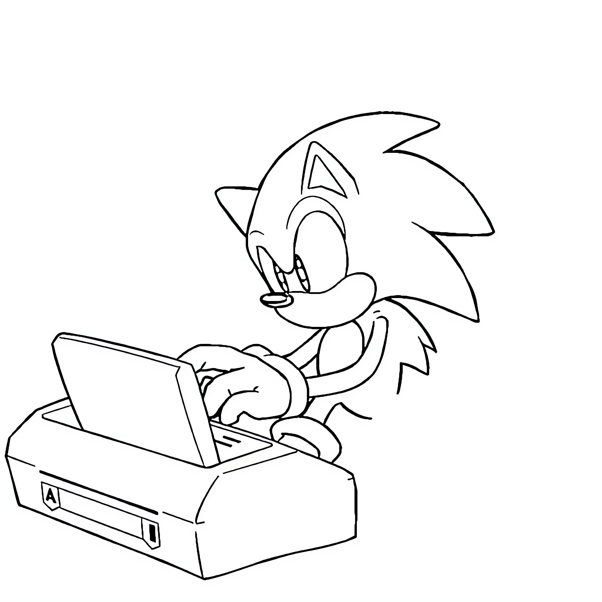 Sonic using a laptop computer Coloring Page (free black-and-white line drawing printable PDF for all, from beginners to advanced learners, including children, teens, adults, and seniors)