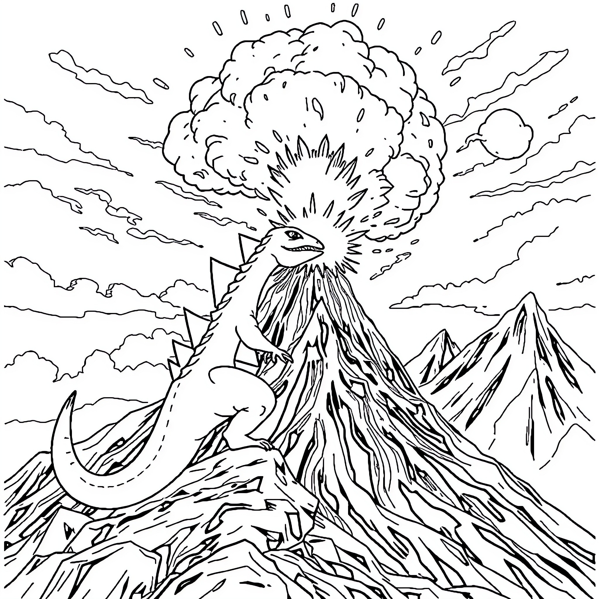 Typhlosion erupting in a volcanic landscape Coloring Page (free black-and-white line drawing printable PDF for all, from beginners to advanced learners, including children, teens, adults, and seniors)