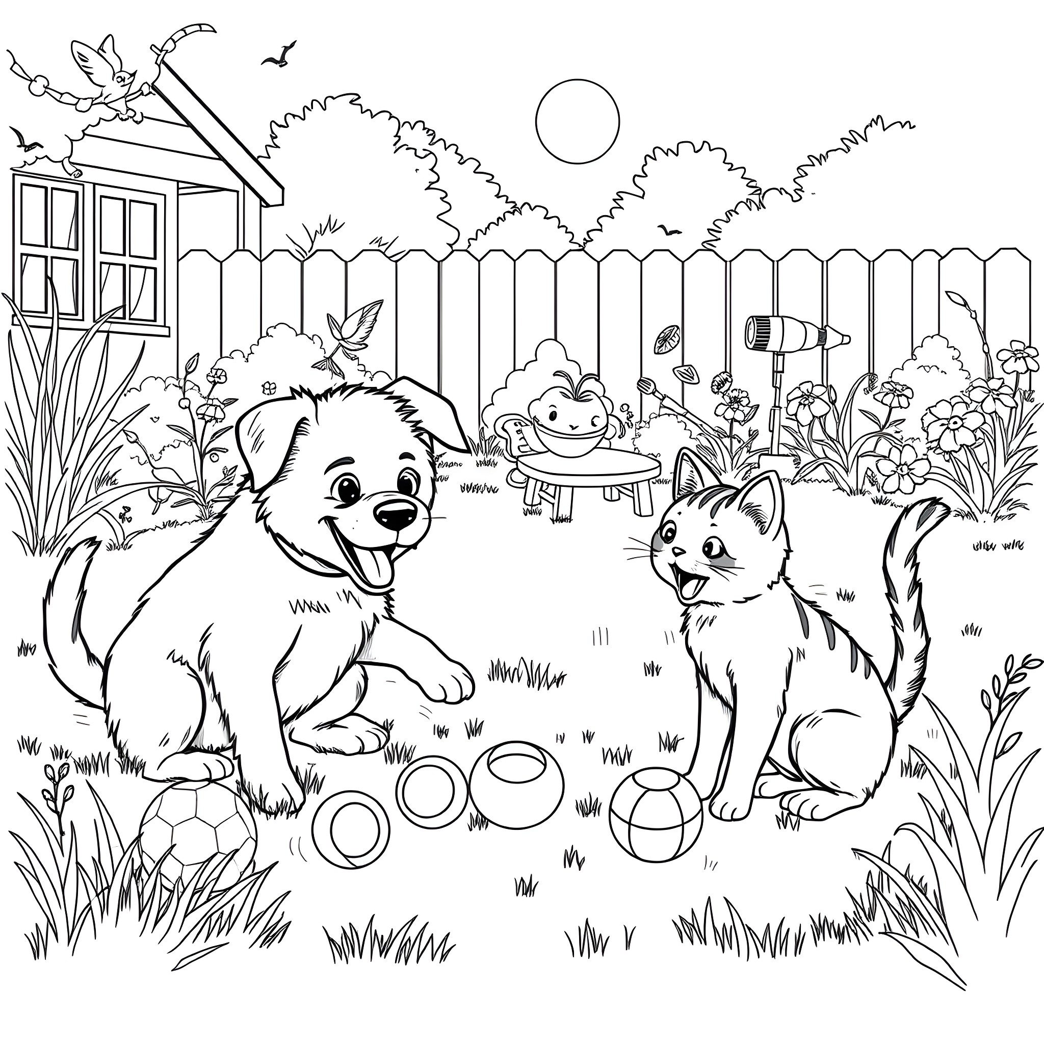 Dog and Cat Playing Happily in the Backyard Coloring Page (free black-and-white line drawing printable PDF for all, from beginners to advanced learners, including children, teens, adults, and seniors)